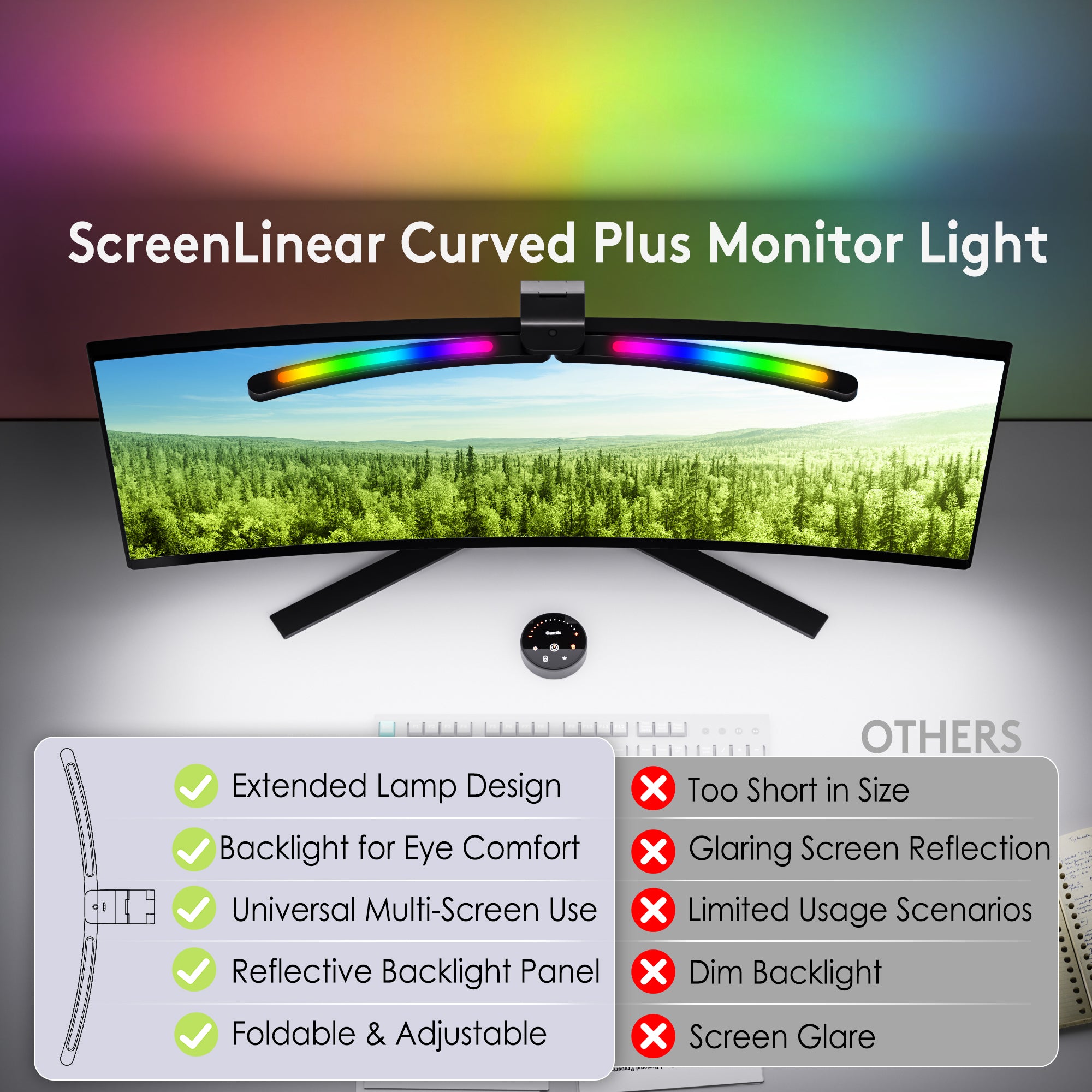 Quntis Curved Monitor Light Bar 15 RGB Backlight for 34"+ Screens, Computer Bar Lights Fold Dual Light with Color Temperature Brightness Stepless Dimming, No Glare Desk Lamp for Home Office Gaming