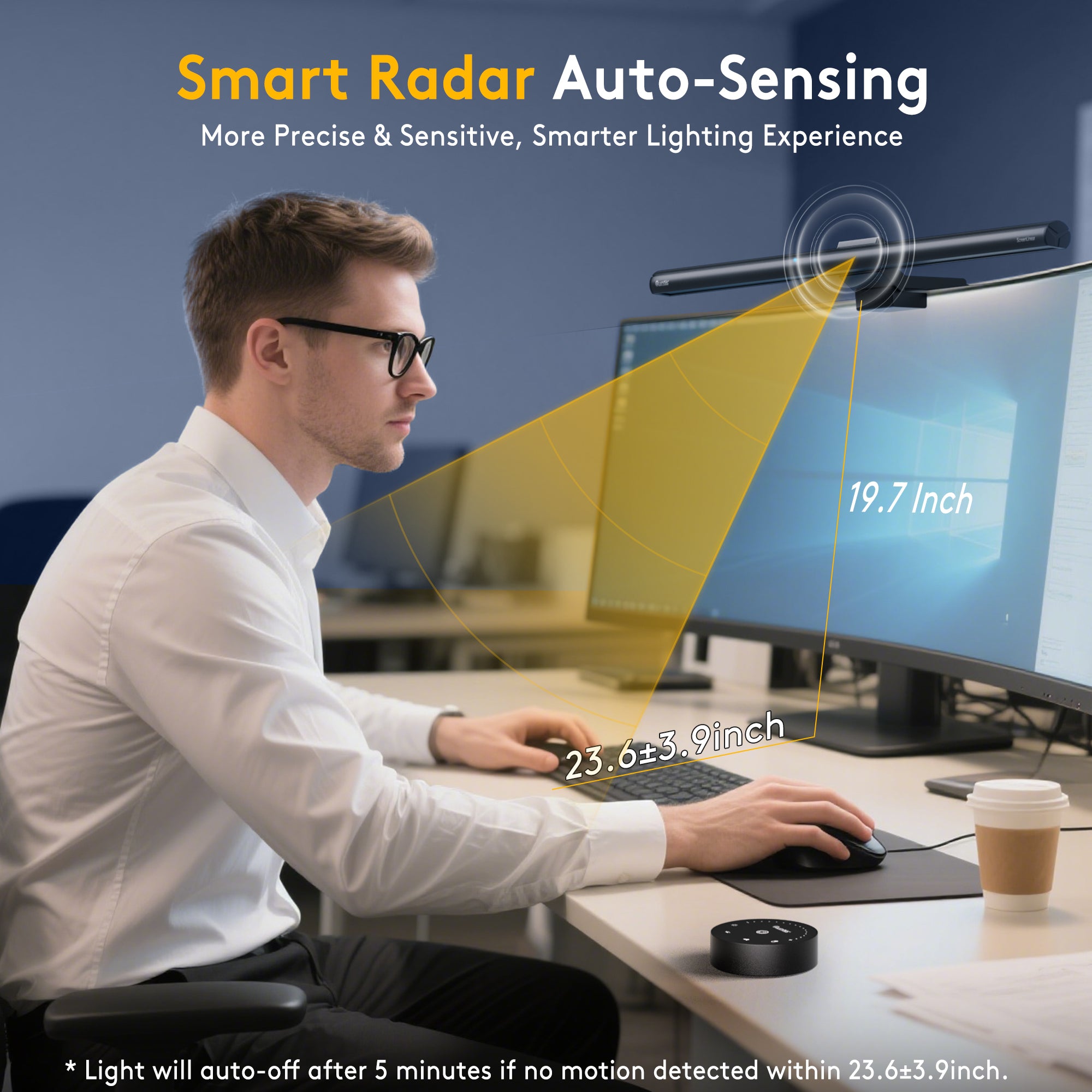 Quntis ScreenLinear Radar Pro+ Monitor Light Bar with Remote – 20.1" Asymmetric LED Screen Light, Motion Sensor, Remote Touch Control, High-CRI Eye-Care Illumination, Stepless Dimming, Grey