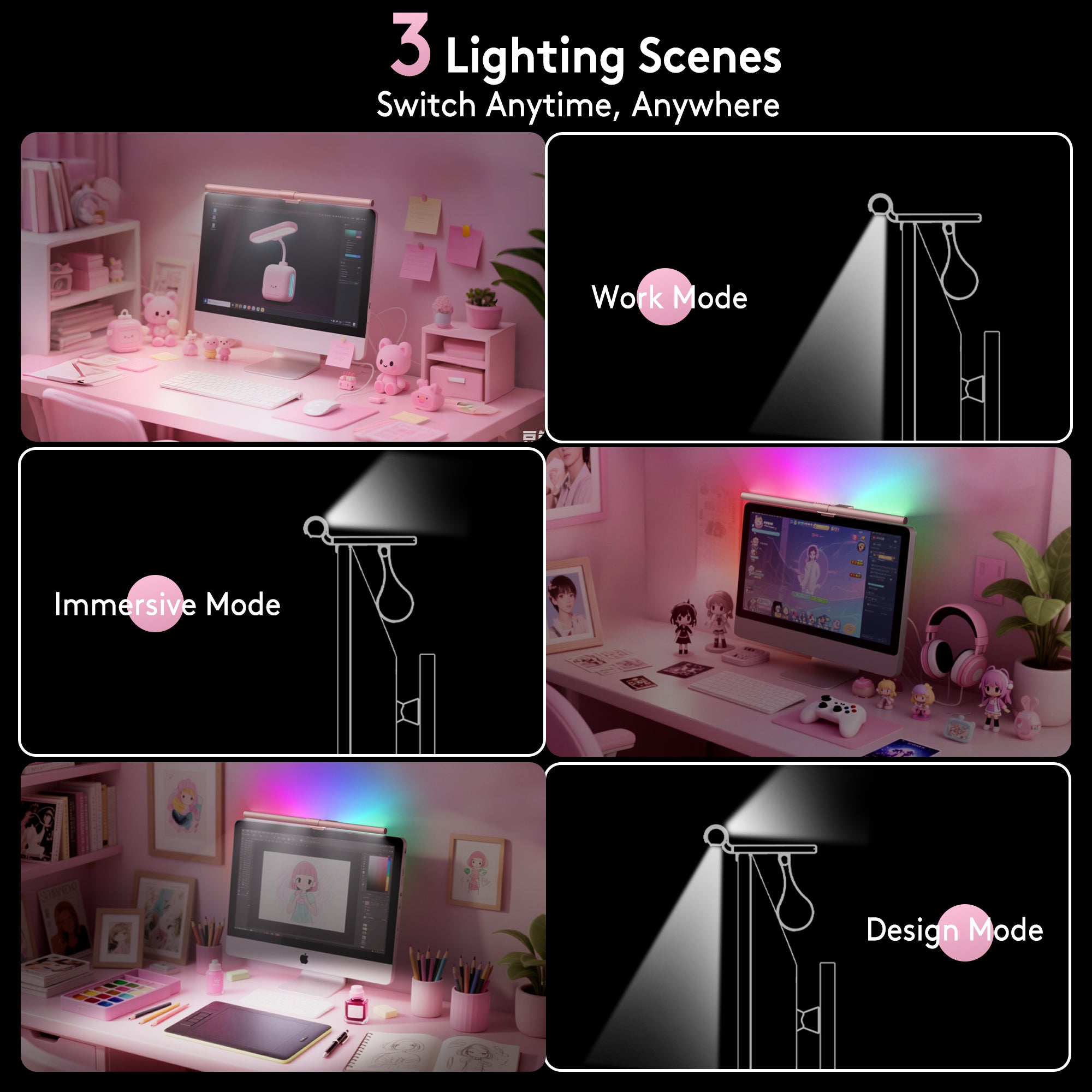 Quntis Pink LED Monitor Light Bar – Aesthetic Desk Lamp with 15 Models RGB Backlight, Eye-Care Ra95 Lighting & Wireless Remote,No Glare, Upgraded Clip for All Monitor (20Inch)