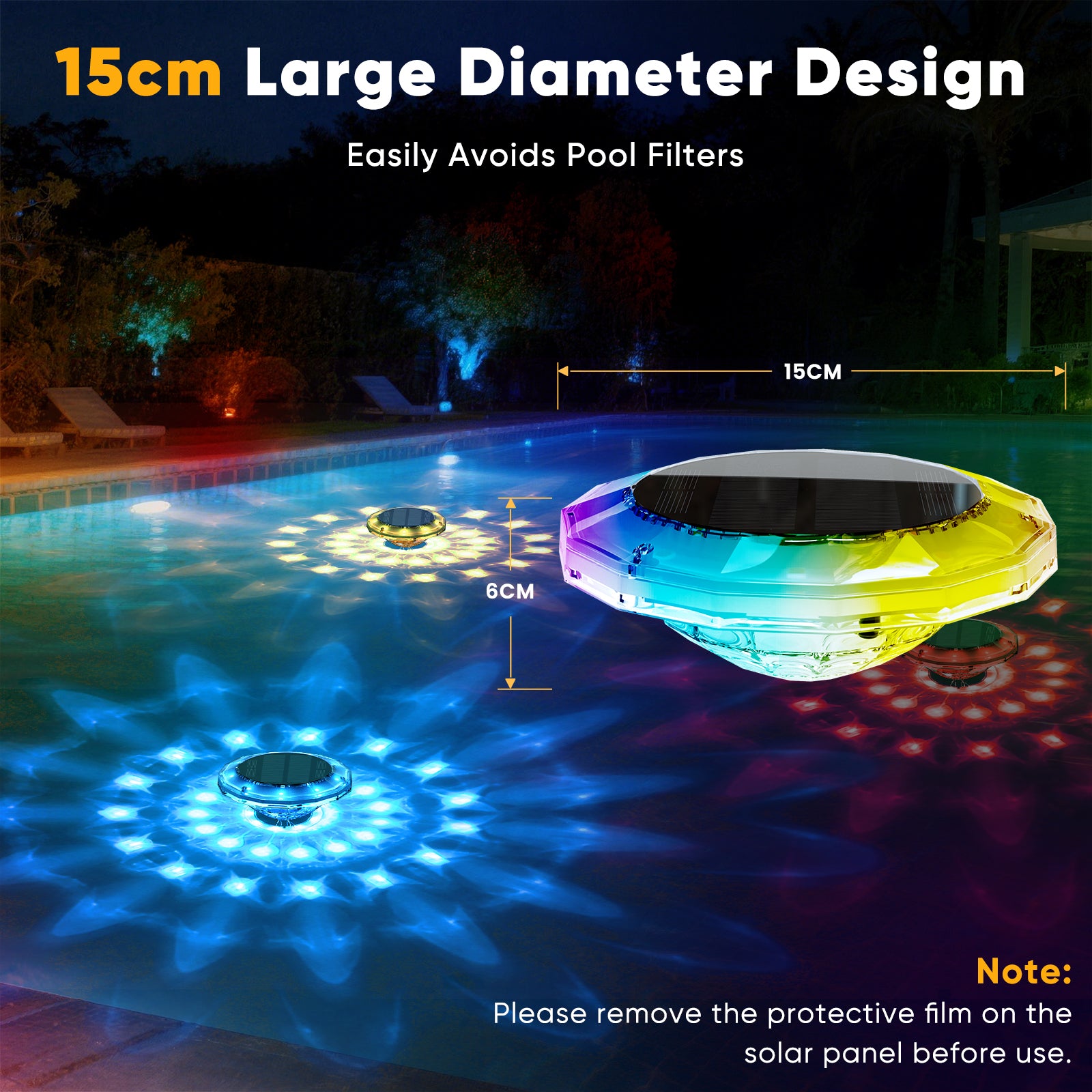 Quntis Solar Floating Pool Lights, 6" Large RGB Waterproof LED Pool Lights with Remote, 12 Modes & 16H Runtime for Swimming Pool