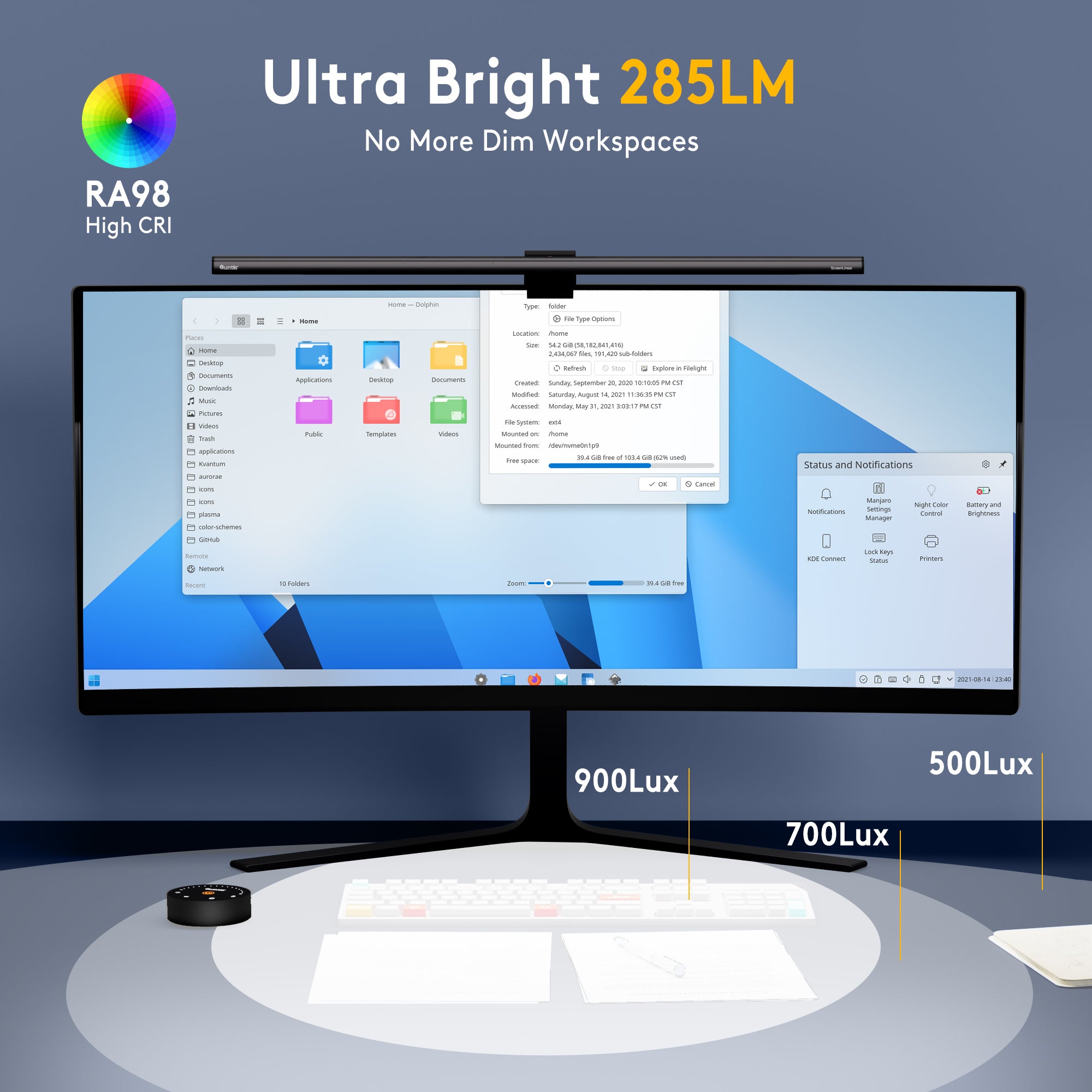 Quntis ScreenLinear Radar Pro+ Monitor Light Bar with Remote – 20.1" Asymmetric LED Screen Light, Motion Sensor, Remote Touch Control, High-CRI Eye-Care Illumination, Stepless Dimming, Grey