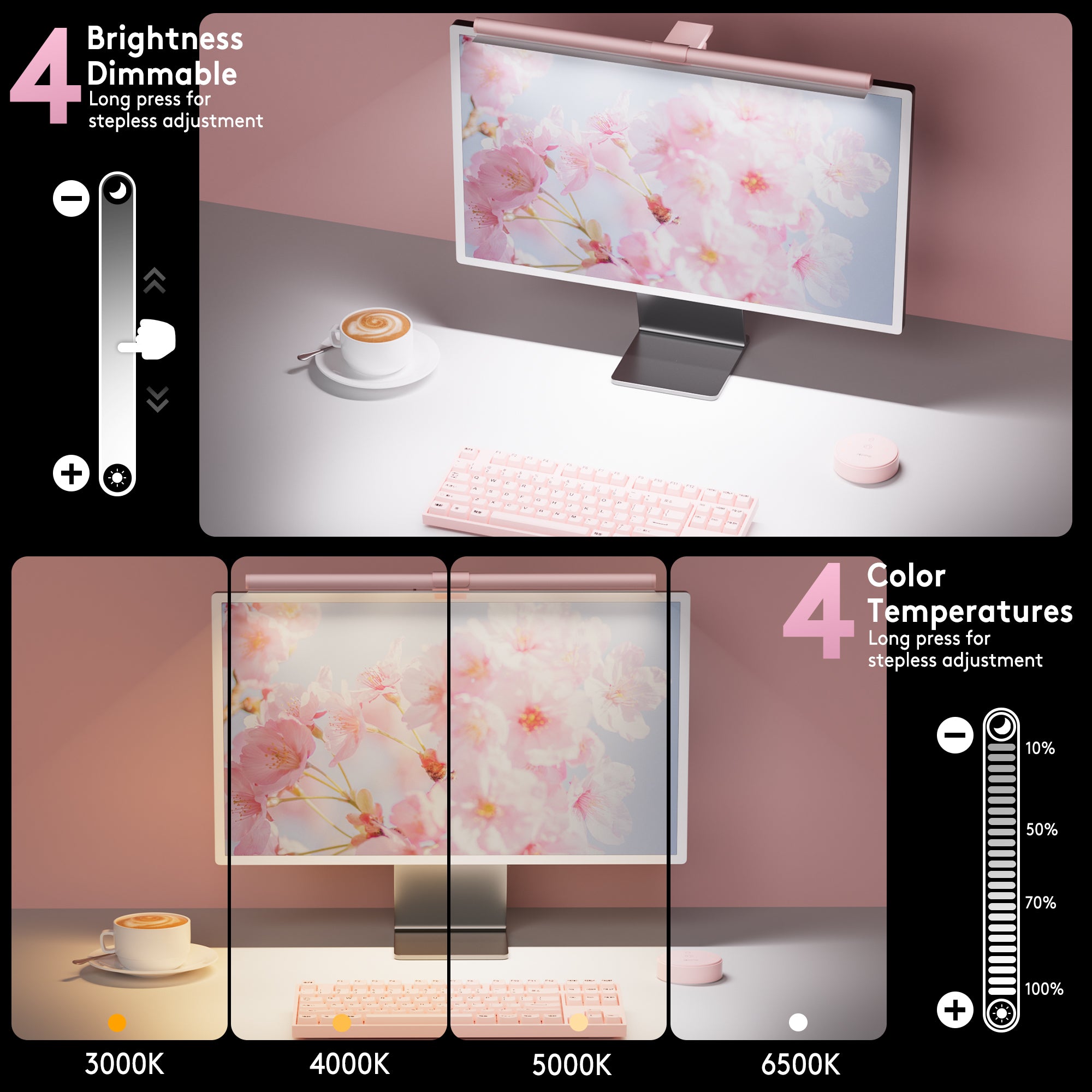 Quntis Pink LED Monitor Light Bar – Aesthetic Desk Lamp with 15 Models RGB Backlight, Eye-Care Ra95 Lighting & Wireless Remote,No Glare, Upgraded Clip for All Monitor (20Inch)