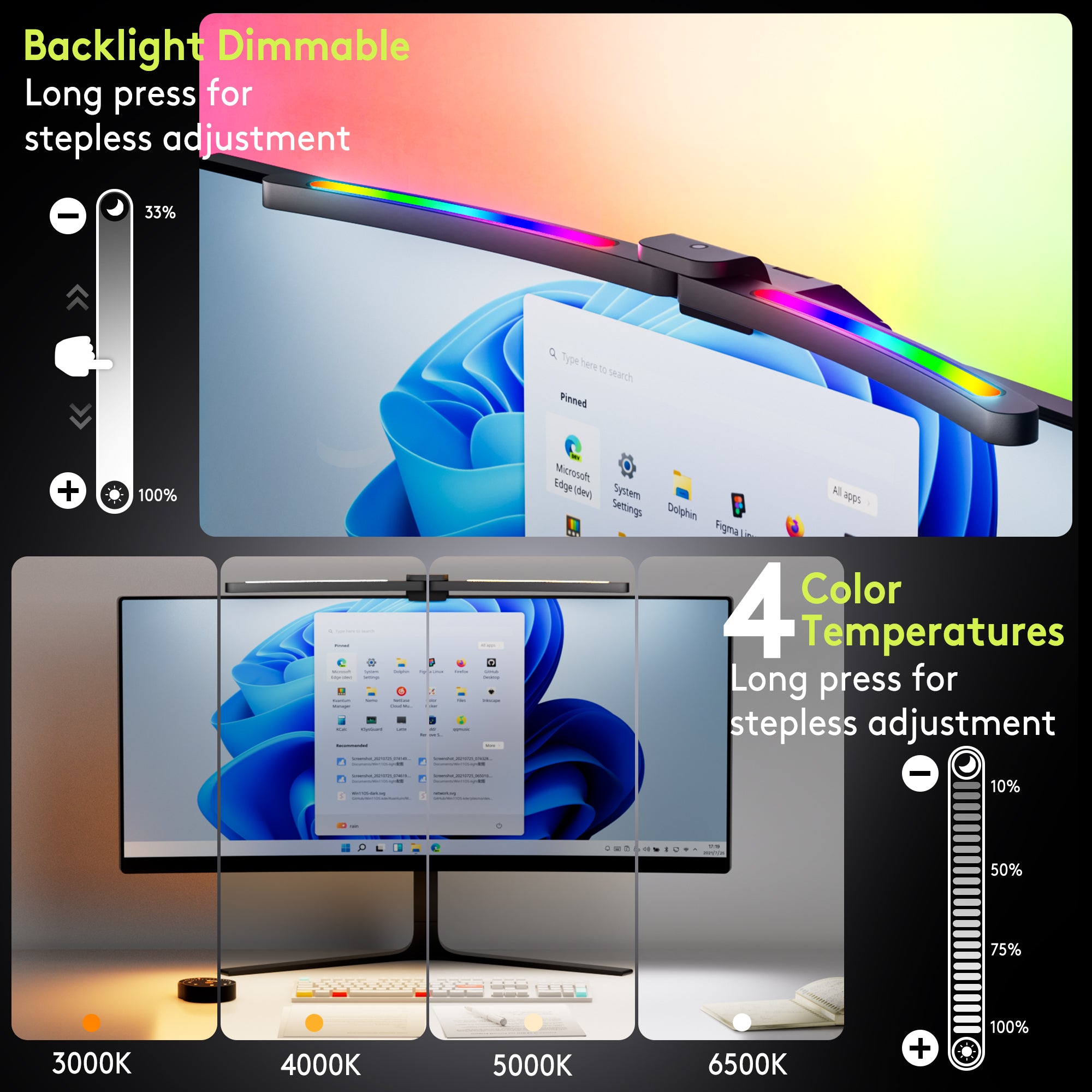Quntis Curved Monitor Light Bar 15 RGB Backlight for 34"+ Screens, Computer Bar Lights Fold Dual Light with Color Temperature Brightness Stepless Dimming, No Glare Desk Lamp for Home Office Gaming