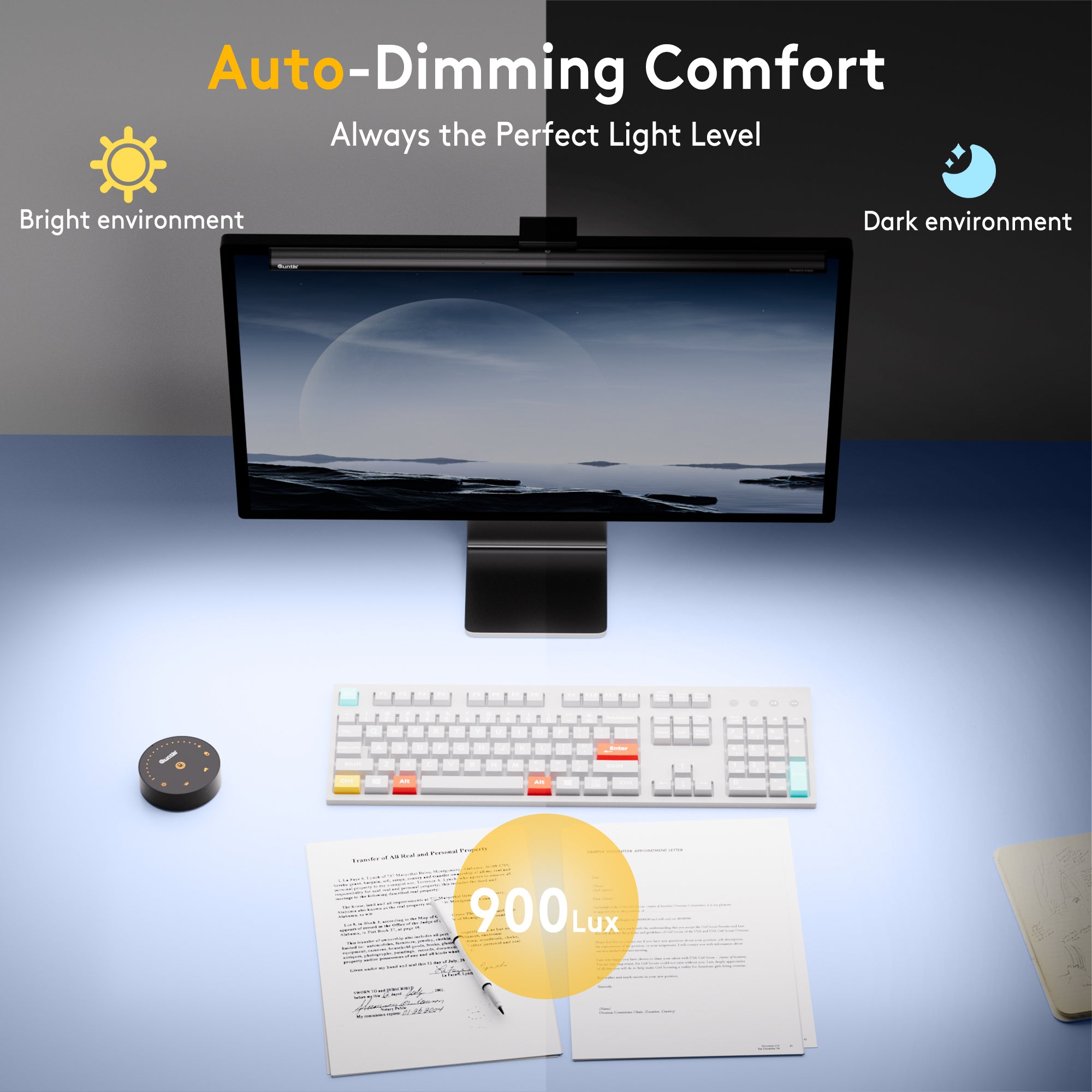 Quntis ScreenLinear Radar Pro+ Monitor Light Bar with Remote – 20.1" Asymmetric LED Screen Light, Motion Sensor, Remote Touch Control, High-CRI Eye-Care Illumination, Stepless Dimming, Grey