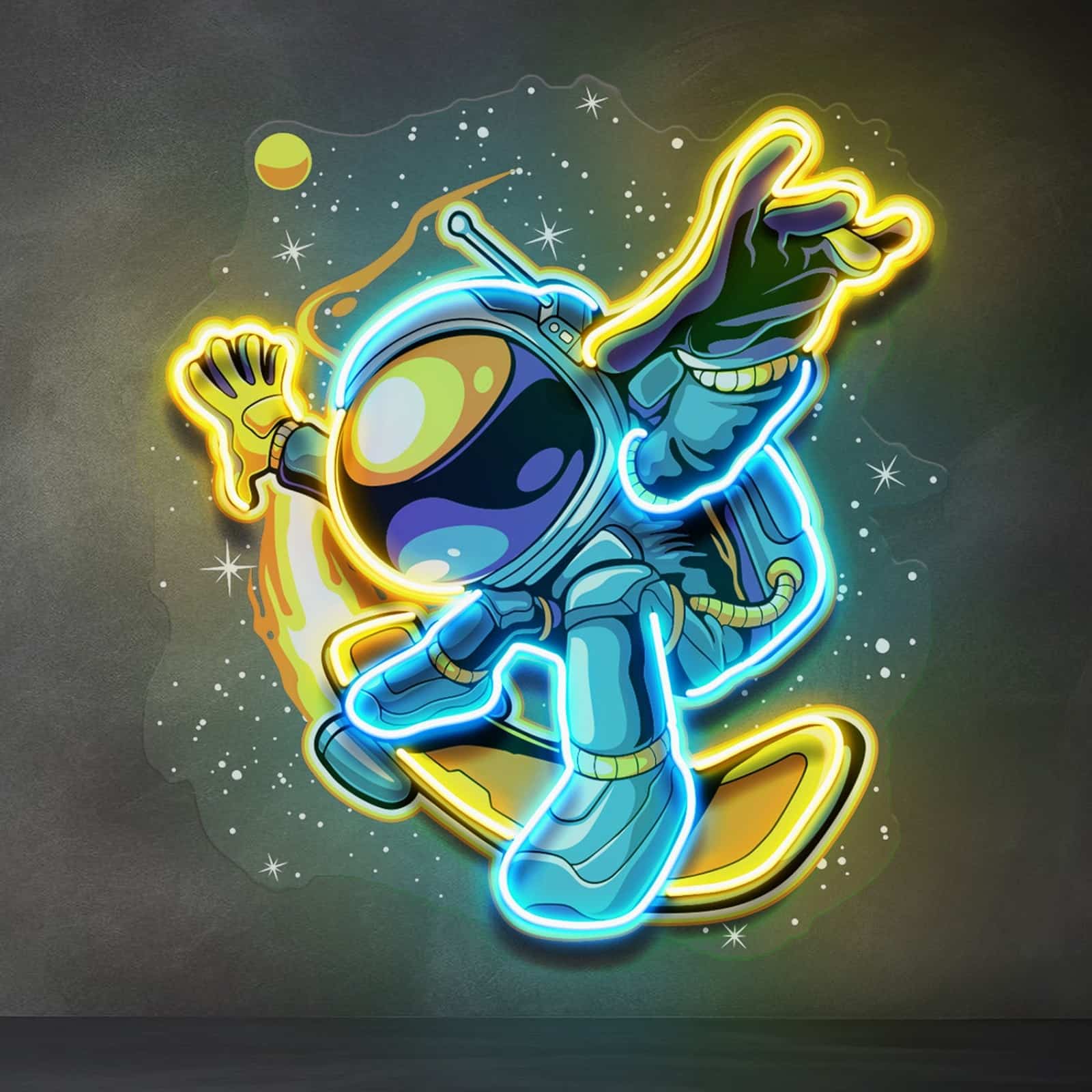 Cartoon Astronaut Neon Sign Vibrant Yellow, Blue & Green LED Art for Kids' Rooms, Play Areas, and Themed Decor