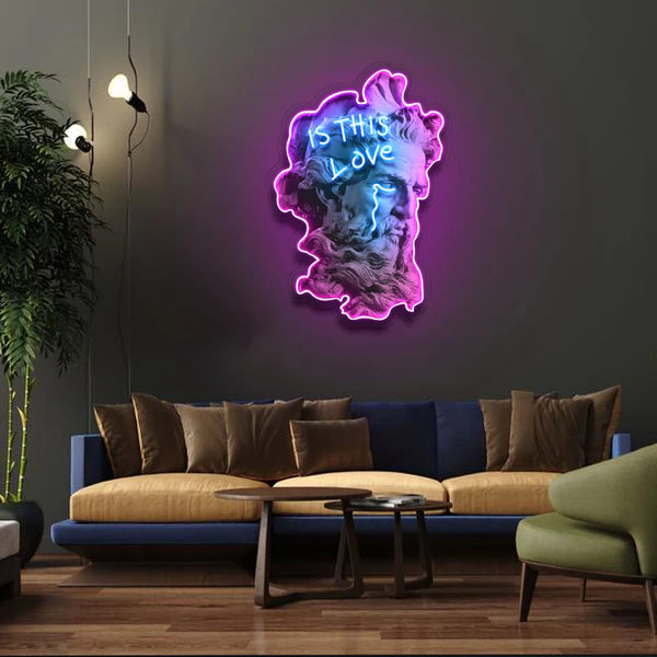 "Is This Love?" Neon Sign Abstract Smoke & Blue Sculpture, Purple Outline, Durable, Energy-Efficient, Perfect for Home & Studio