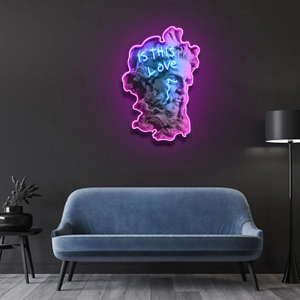 "Is This Love?" Neon Sign Abstract Smoke & Blue Sculpture, Purple Outline, Durable, Energy-Efficient, Perfect for Home & Studio