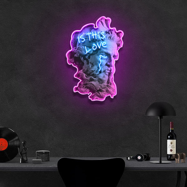 "Is This Love?" Neon Sign Abstract Smoke & Blue Sculpture, Purple Outline, Durable, Energy-Efficient, Perfect for Home & Studio