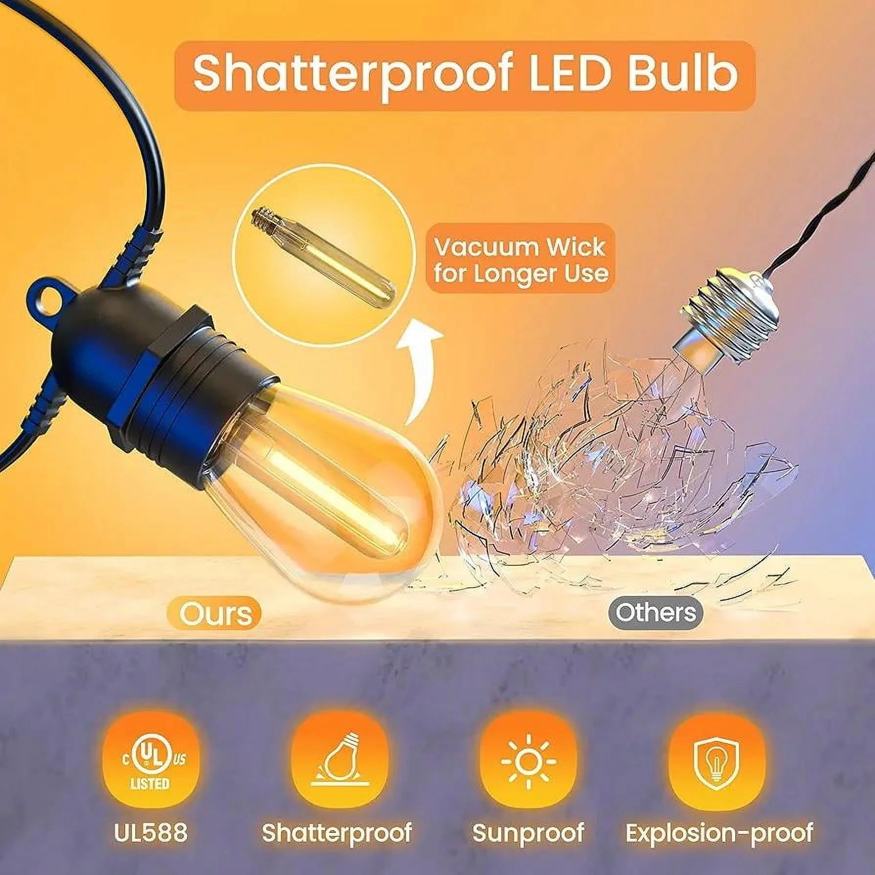 Quntis Outdoor String Lights 53FT, Waterproof Patio String Light with 15+1 Bulbs Shatterproof Connectable Hanging String Lights for Backyard Garden Balcony Party Wedding