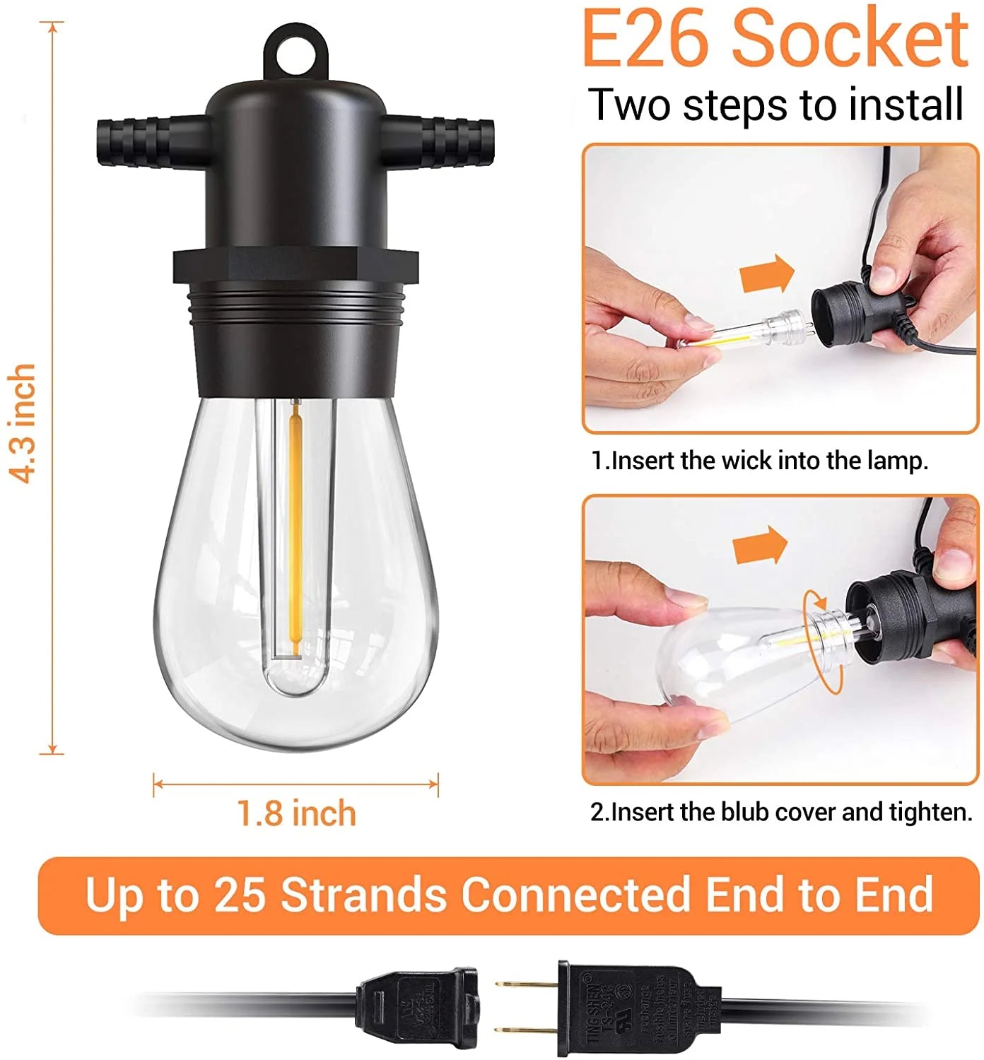 Quntis Outdoor String Lights 53FT, Waterproof Patio String Light with 15+1 Bulbs Shatterproof Connectable Hanging String Lights for Backyard Garden Balcony Party Wedding