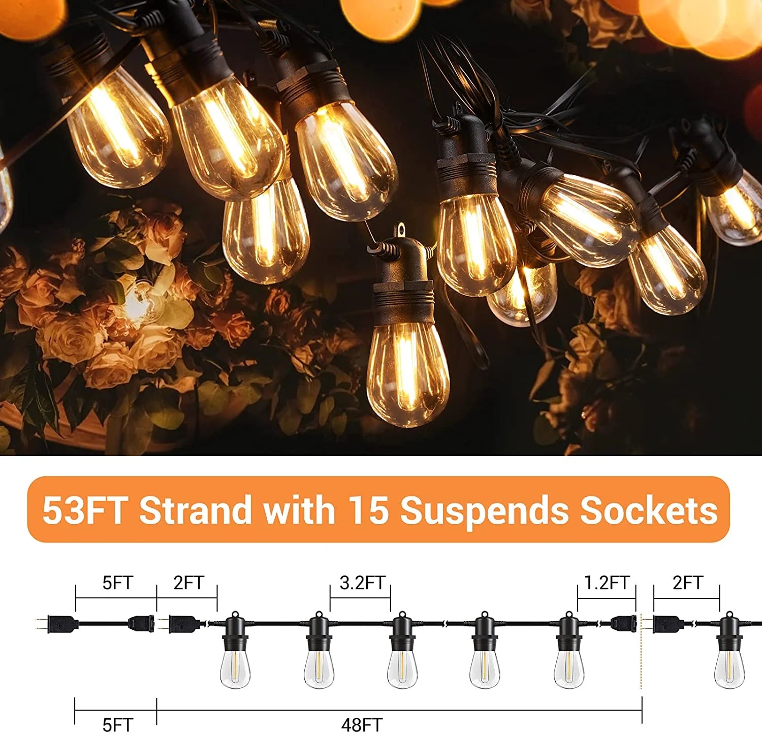 Quntis Outdoor String Lights 53FT, Waterproof Patio String Light with 15+1 Bulbs Shatterproof Connectable Hanging String Lights for Backyard Garden Balcony Party Wedding