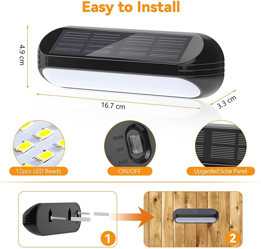 Solar Powered Outdoor Wall Lights, RGB + Warm White, IP65 Waterproof Fence & Step Lights