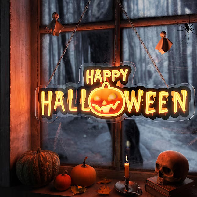 Happy Halloween Neon Sign with Pumpkin – LED Hanging Light for Halloween Party & Home Decor