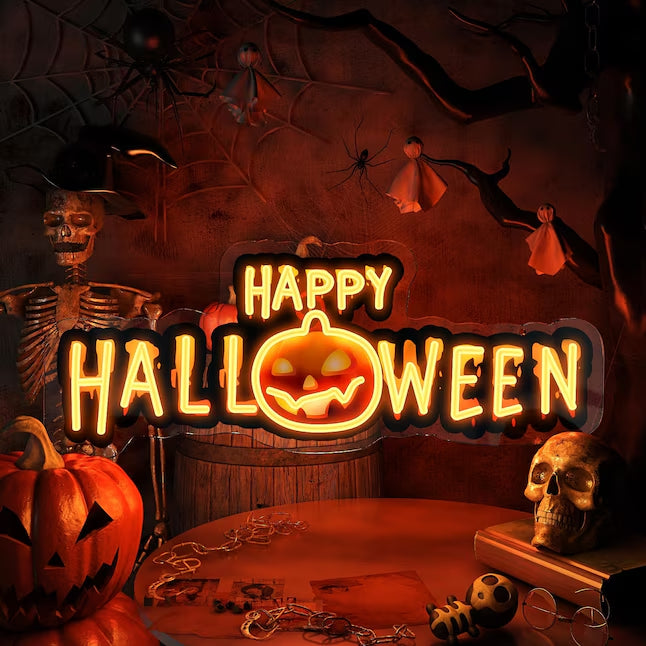 Happy Halloween Neon Sign with Pumpkin – LED Hanging Light for Halloween Party & Home Decor