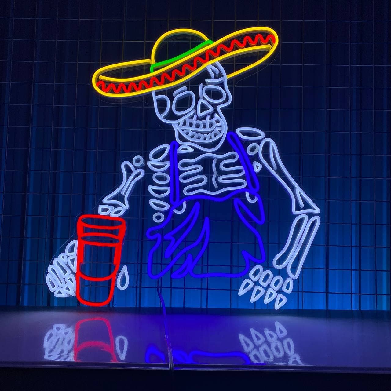 Vibrant Day of the Dead Neon Sign Festive Skeleton with Sombrero for Themed Events and Celebrations