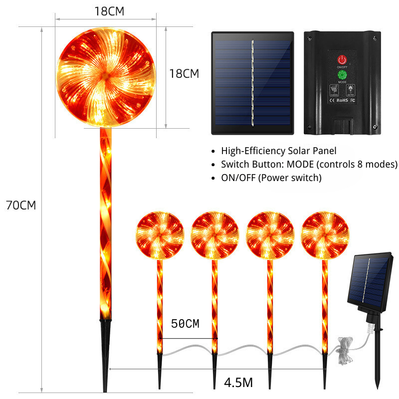 Luzes de Natal Solar ao Ar Livre de Um a Cinco ¨C Luzes de Lollipop LED Solar, Decorações em Forma de Bastão de Doces à Prova de Água para Jardim e Quintal Festivos, 18CM de Diâmetro