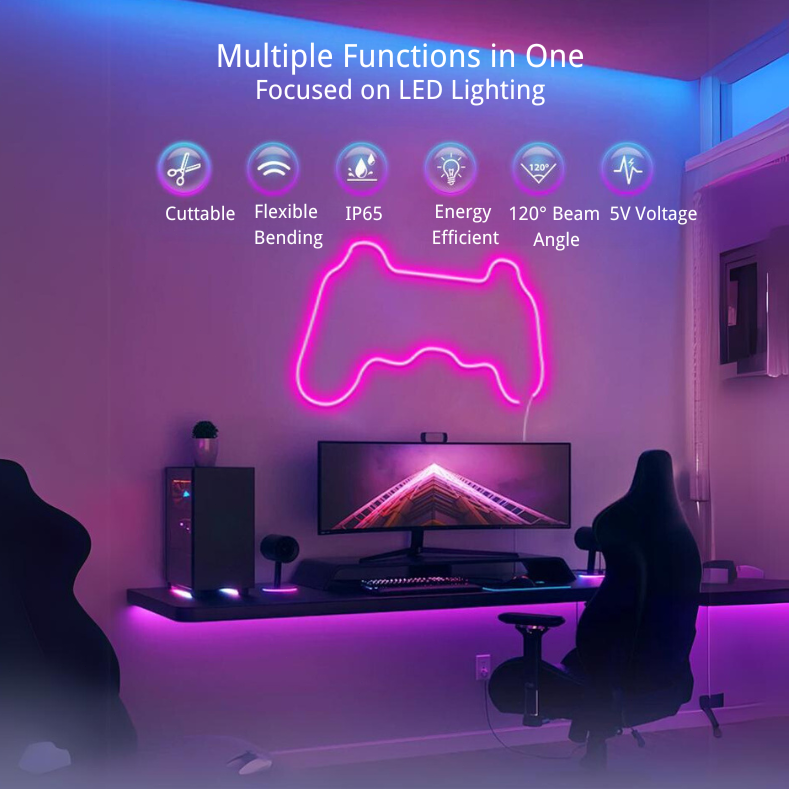 Tira de luz neón dinámica RGBIC 5V Bluetooth para música - 2m, 3m, 5m personalización de forma DIY, perfecta para la decoración de la sala de juegos