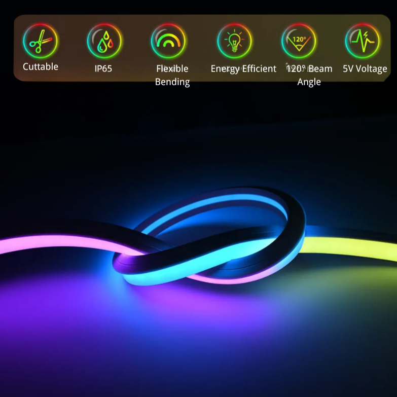 Tira de luz neón dinámica RGBIC 5V Bluetooth para música - 2m, 3m, 5m personalización de forma DIY, perfecta para la decoración de la sala de juegos