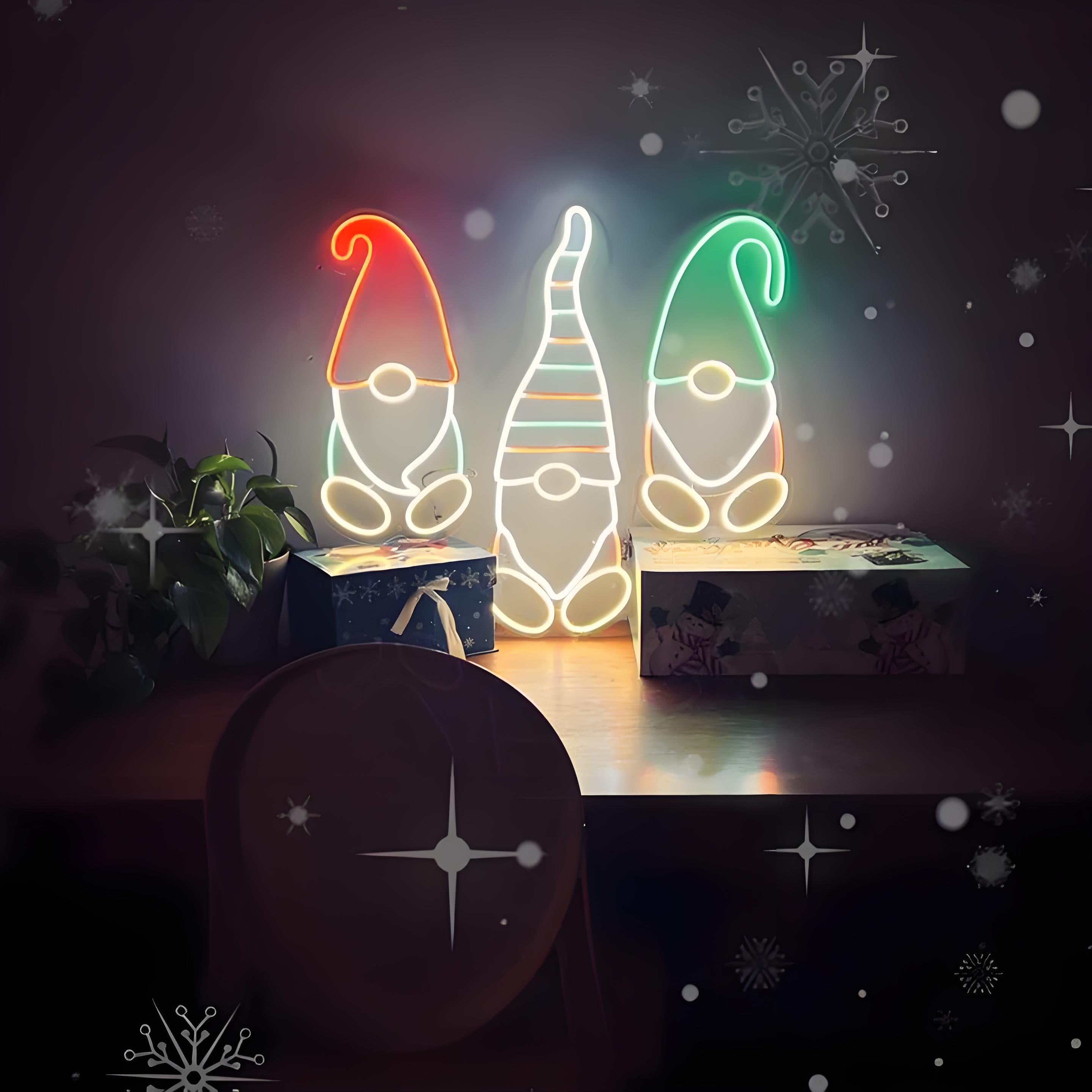 Merry Christmas Gnomes Neon Sign Whimsical Holiday Decor with Vibrant Neon Glow