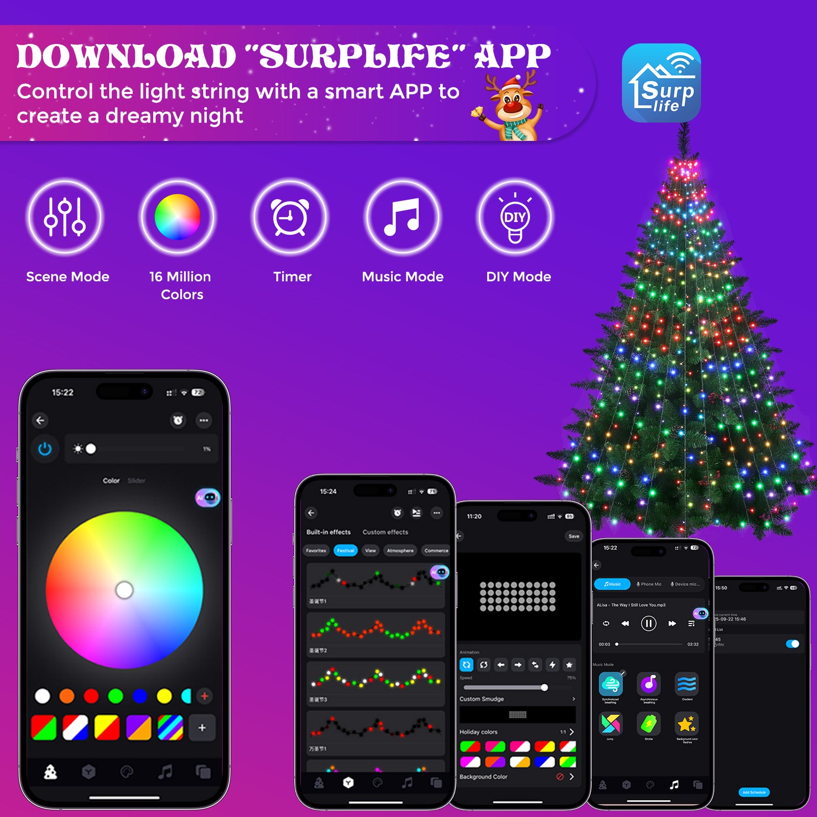 10×2m 400-LED Dark Green Wire Colorful Circular Smart Christmas Tree Lights – IP44 Waterproof, Music-Sync Mode, App & Remote Control