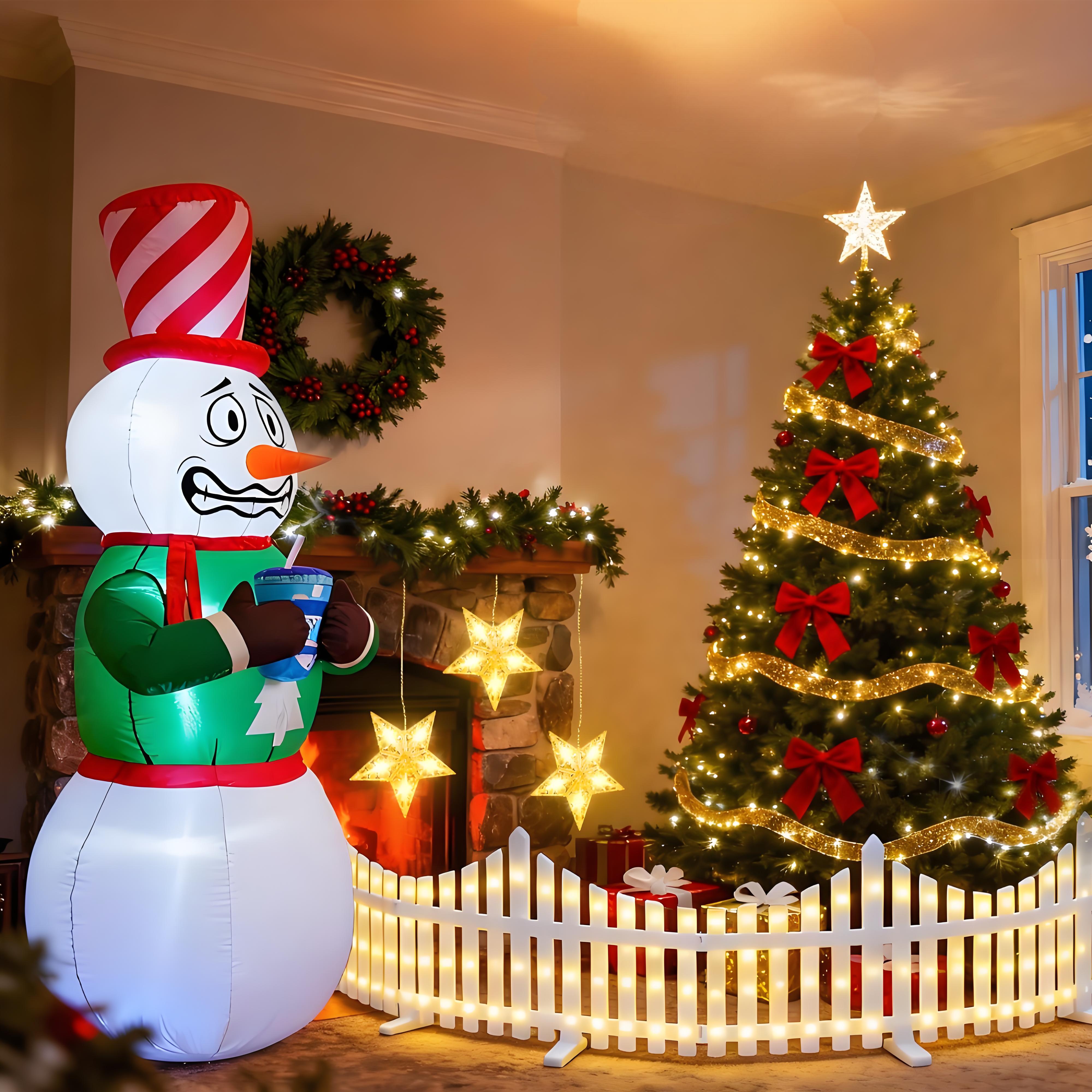 Quntis 3-in-1 Christmas Outdoor Decoration Bundle — 1× 8-Panel Arc Fence Lights (0.28×2.8m US Plug), 1× 3-in-1 Diamond Window Star Lights (Warm White US Plug), 1× 6FT Inflatable Snowman for Holiday Yard & Garden Decor