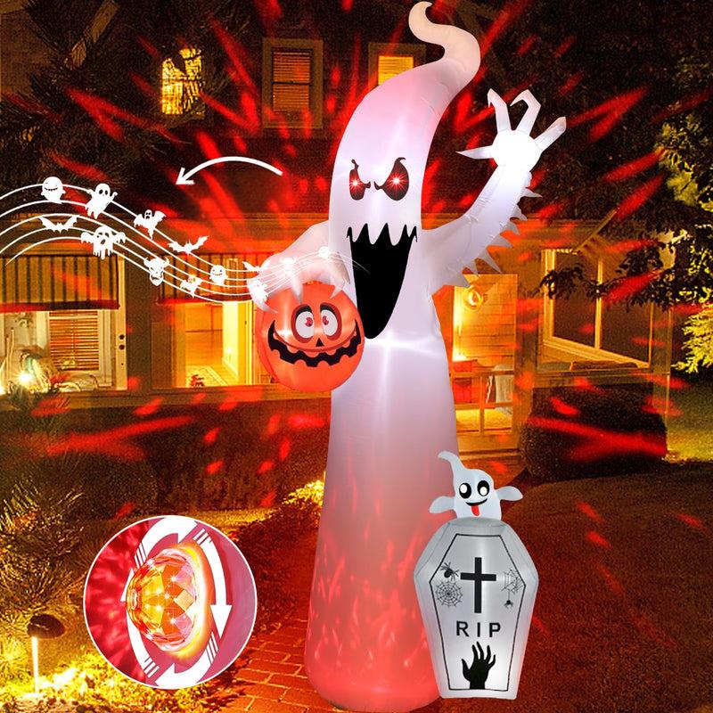 Decoração Inflável de Halloween de 12FT para Exterior com Luzes de Projeção e Som Assustador, Decorações de Jardim Infláveis de Halloween, Abóbora Fantasma Inflável à Prova de Água com LED para Jardim