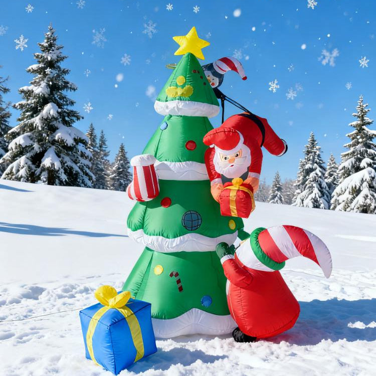 Giant 7FT Santa Climbing Christmas Tree Inflatable with Gnome & Gift Boxes ,Fun LED Outdoor Holiday Yard Decor