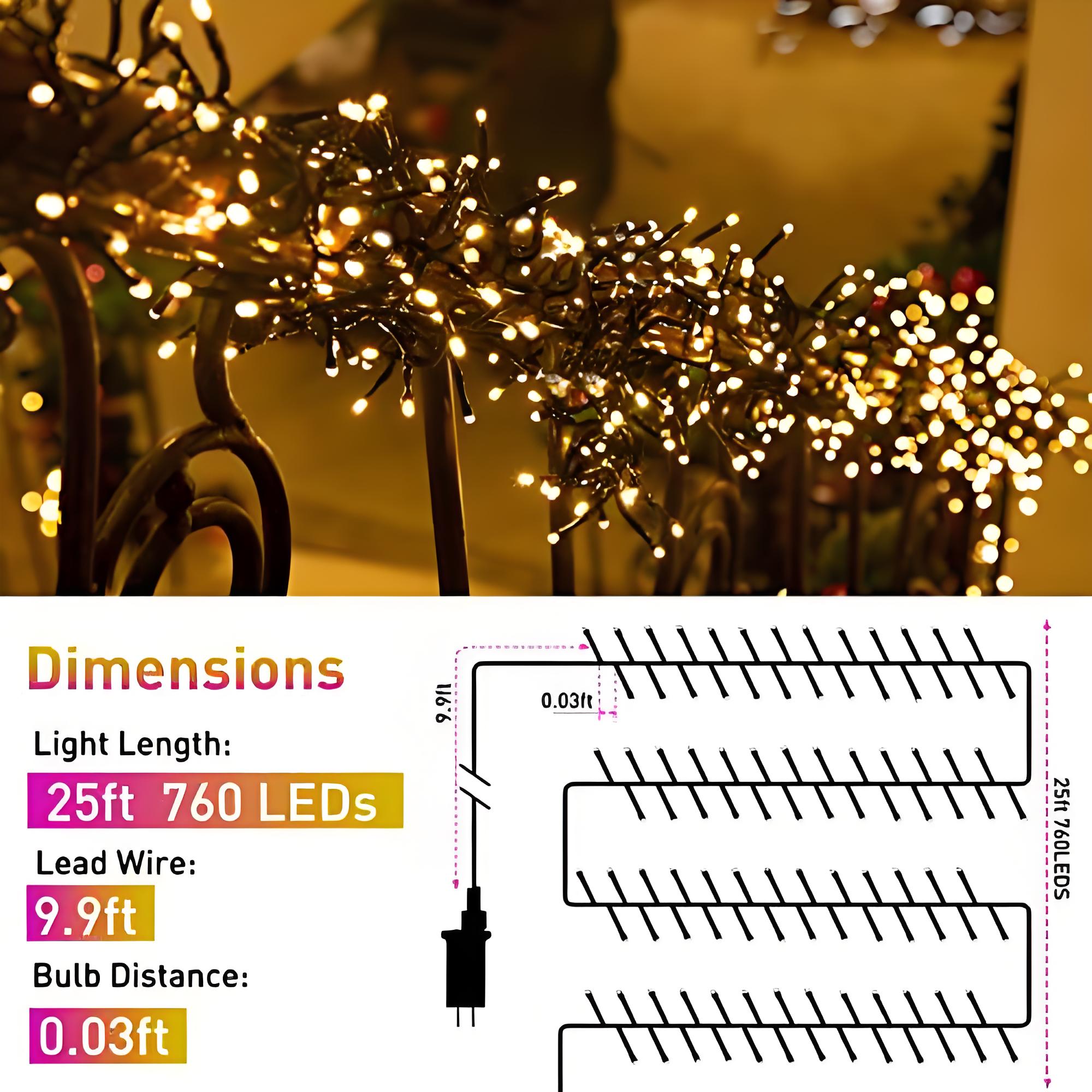 Quntis 760 LED Christmas Tree Lights – 25FT Warm White Cluster Lights, 8 Modes & Memory Function for Holiday Decor