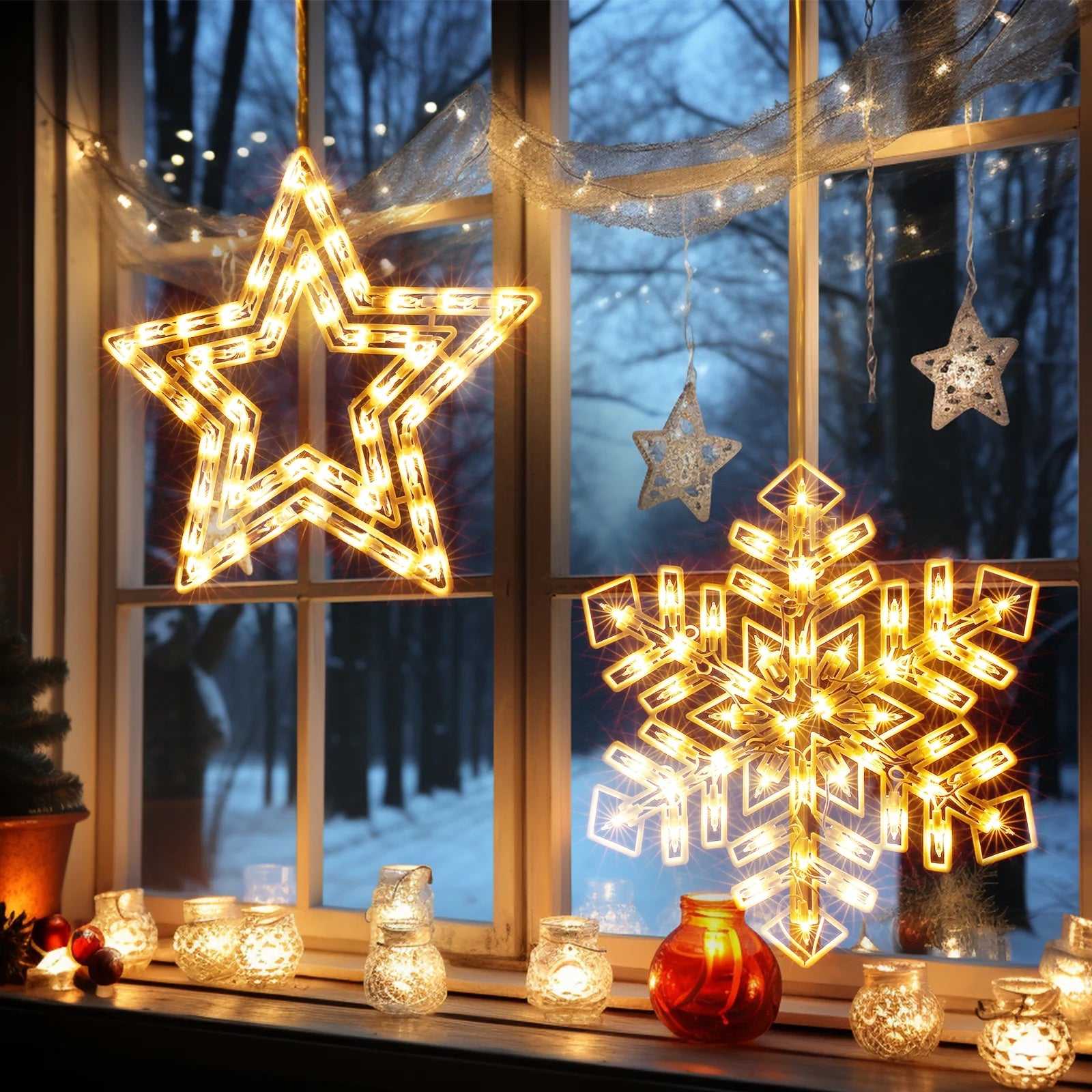 Quntis Christmas Window Hanging Lights – 15" Star & Snowflake