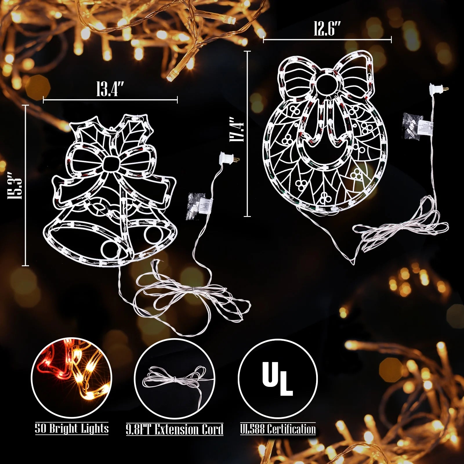 Quntis Multicolor Christmas Window Hanging Lights Decorations, 17 Inch Lighted Xmas Bell & Wreath Silhouette Lights with 100 Mini Bulbs &4 Hooks, Light up for Holiday Indoor Wall Door Glass Decor
