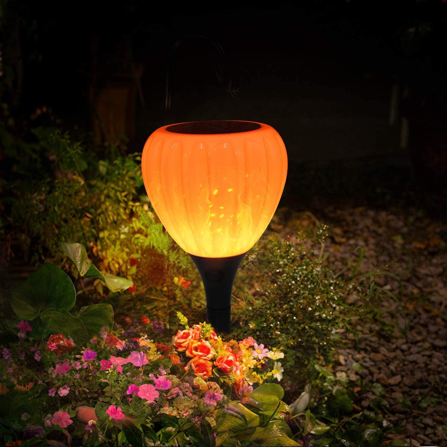 Solar LED Flame Globe Light – Outdoor Waterproof Garden Landscape Lamp, Pumpkin Balloon Style, Flickering Fire Effect, Ground Stake Pathway Light
