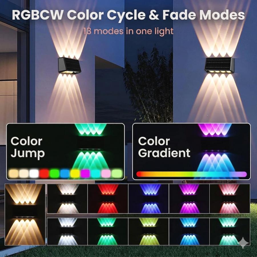 Quntis 6-Pack RGBCW Solar Fence Lights, Up and Down Wall Lights, 8 LED, 13 Color Modes, IP65 Waterproof, Outdoor Solar Lights for Garden, Porch, Yard, Stairs