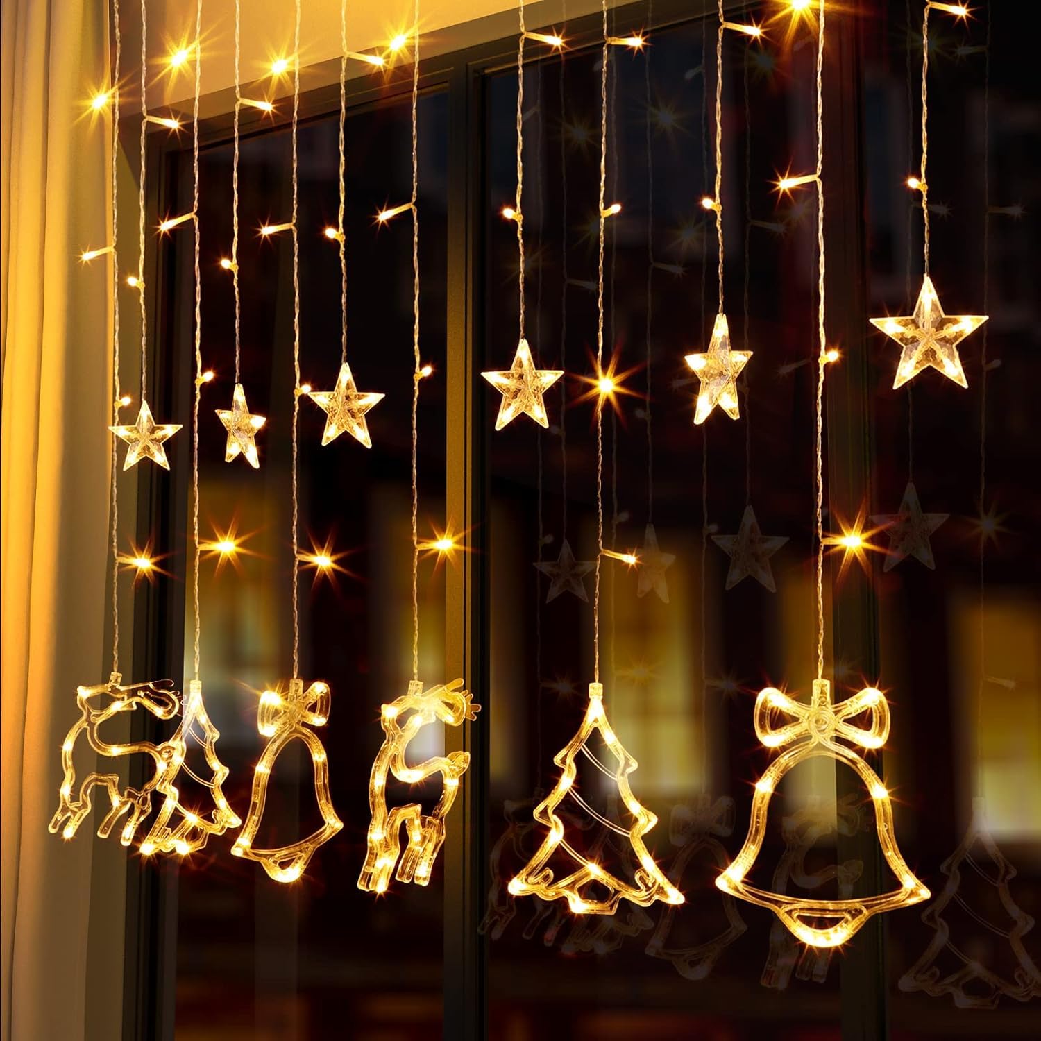 Quntis 138 LED Xmas Curtain Lights – 7.5ft Connectable Star, Elk & Jingle Bell Xmas Tree String Lights with 8 Flashing Modes