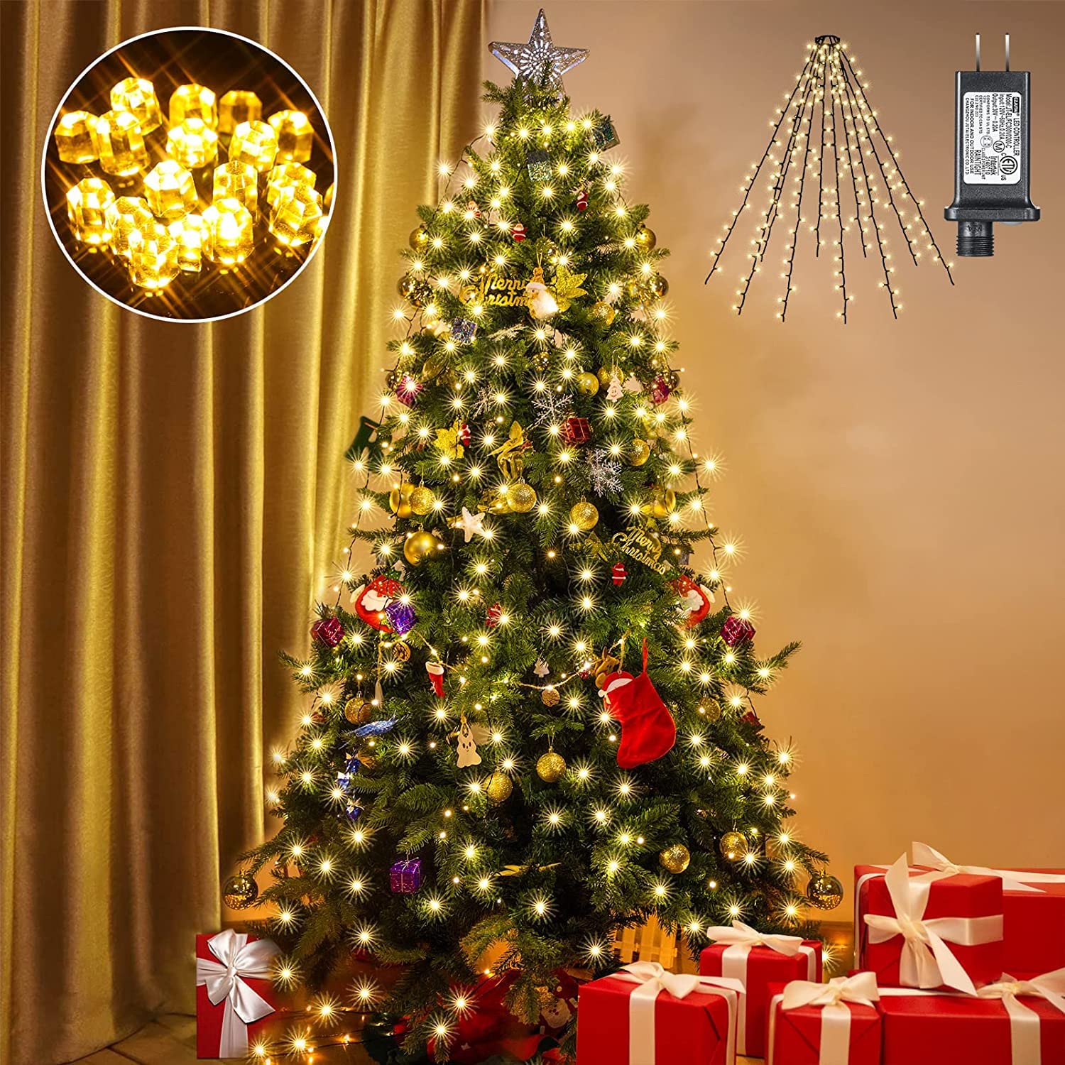 Quntis 6,6FT Weihnachtsbaumlichter – 400 LED, 10 Linien, IP44 wasserdicht, sicher für Kinder und Haustiere, Innen-/Außenbereich Feiertagsdekoration
