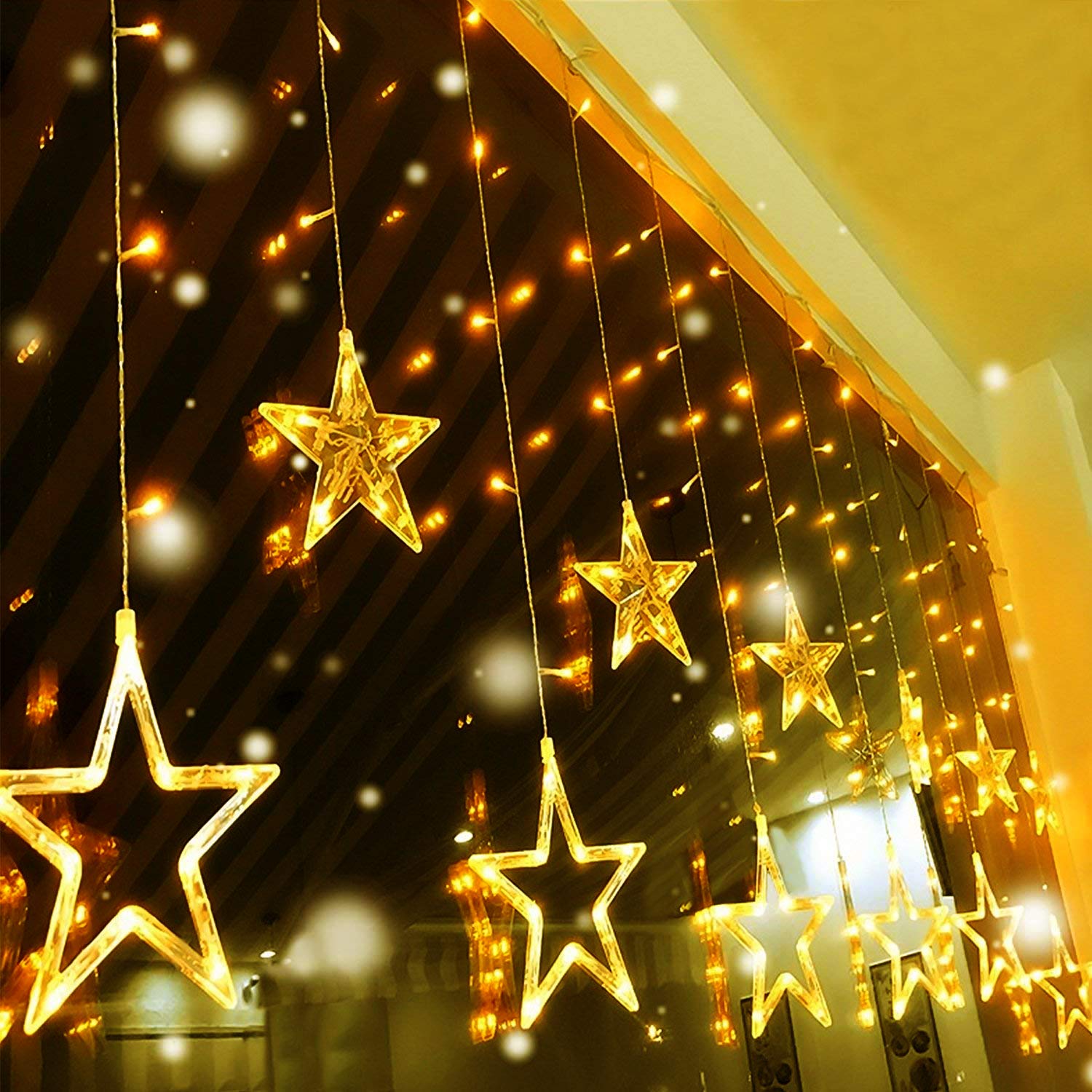 Quntis 138 LED 12-Estrella Conectable 6.5ft Cortina Luces de Navidad – 8 Modos Intermitentes, Decoración de Vacaciones en Blanco Cálido para Navidad y Iluminación Festiva