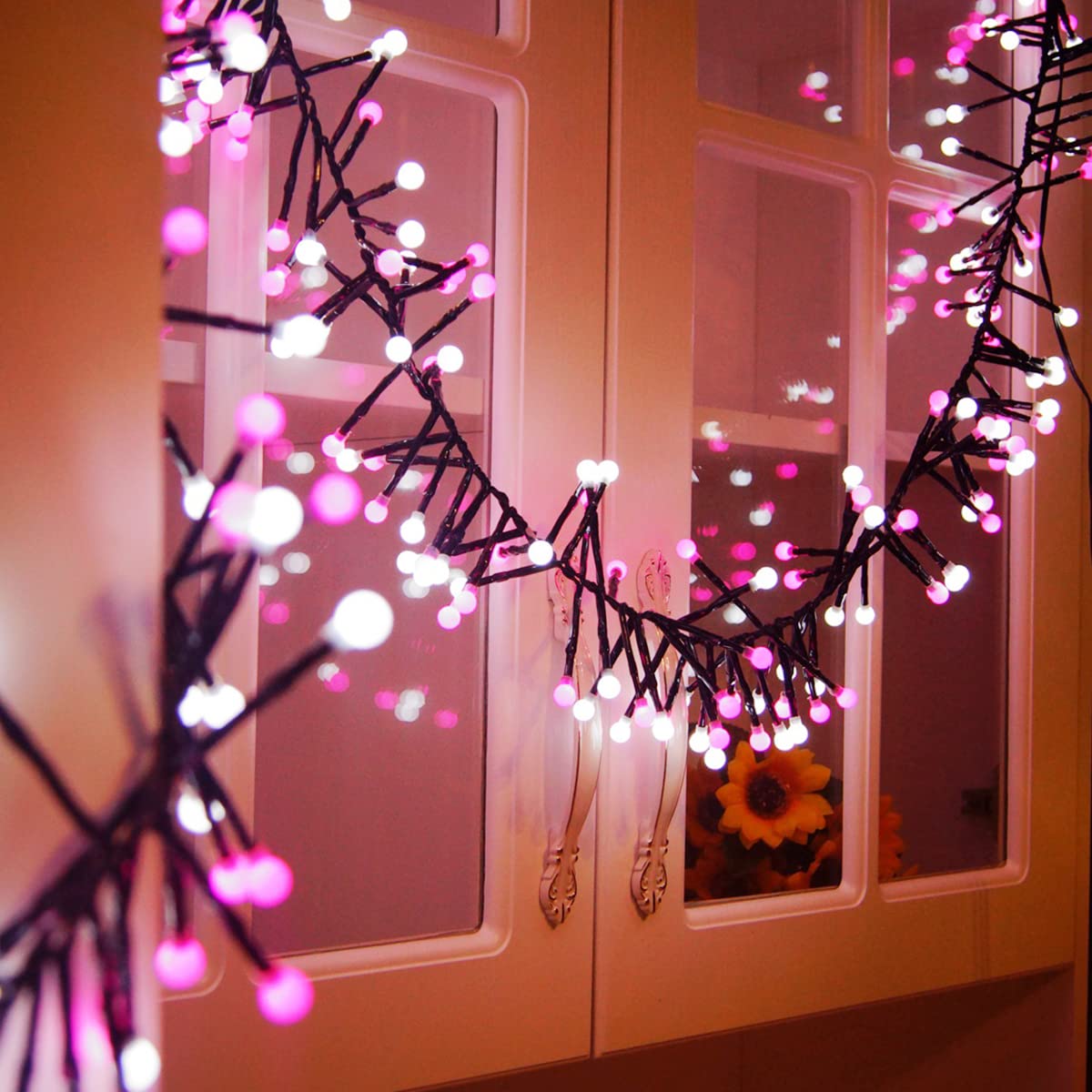 Quntis 13FT Cluster Christmas Lights, 400 LEDs – Pink & White, 8 Twinkle Modes for Holiday Decor