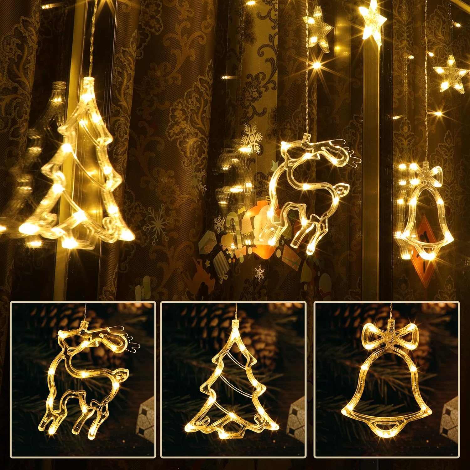 Quntis 138 LED Xmas Curtain Lights – 7.5ft Connectable Star, Elk & Jingle Bell Xmas Tree String Lights with 8 Flashing Modes