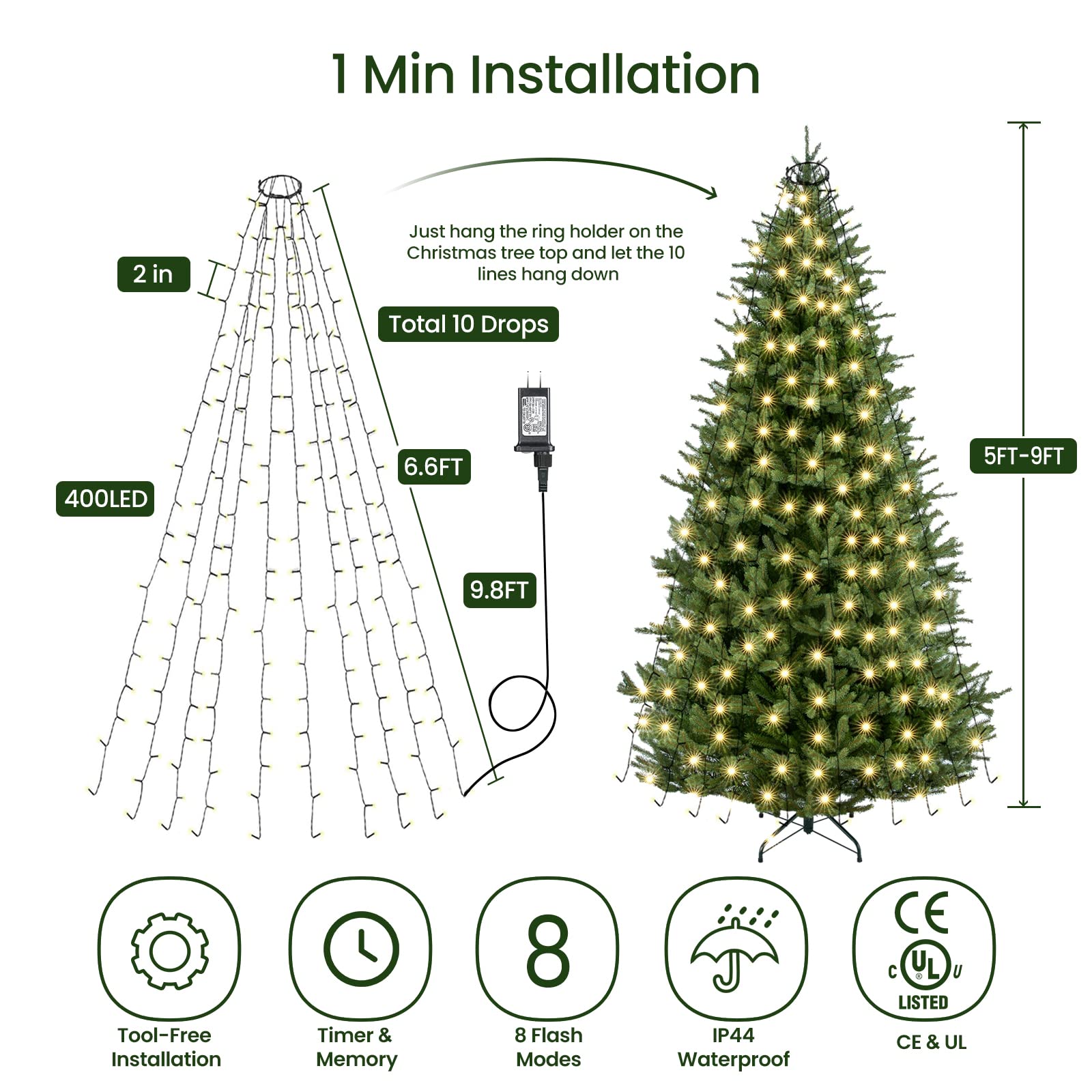 Quntis 6,6FT Weihnachtsbaumlichter – 400 LED, 10 Linien, IP44 wasserdicht, sicher für Kinder und Haustiere, Innen-/Außenbereich Feiertagsdekoration