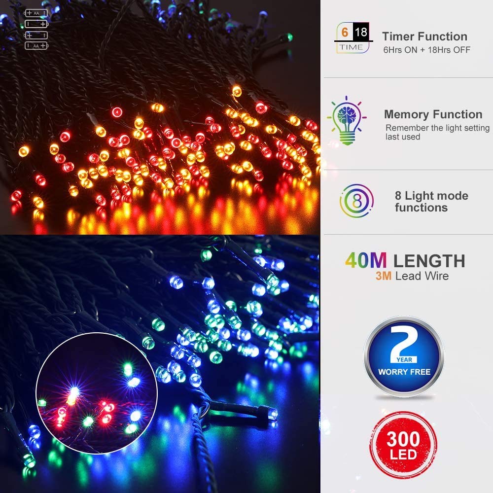 Quntis 132FT Waterproof Fairy Lights, 300 LEDs – 8 Modes, 4 Color Options for Holiday & Christmas Decor