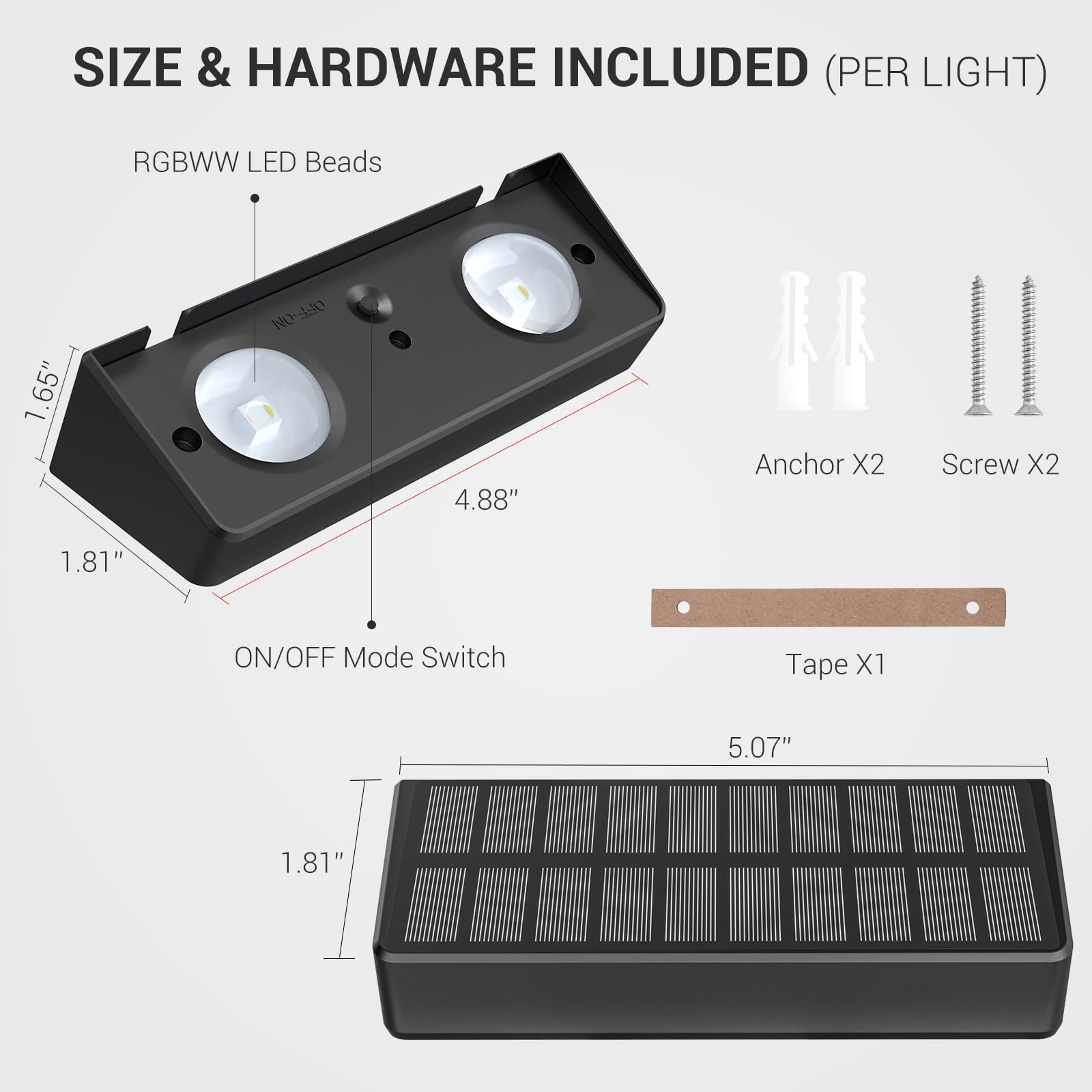 Quntis RGBCW Solar Fence Lights, Warm White and 7 Color Changing, IP65 Waterproof Lighting for Outdoor Fence and Wall