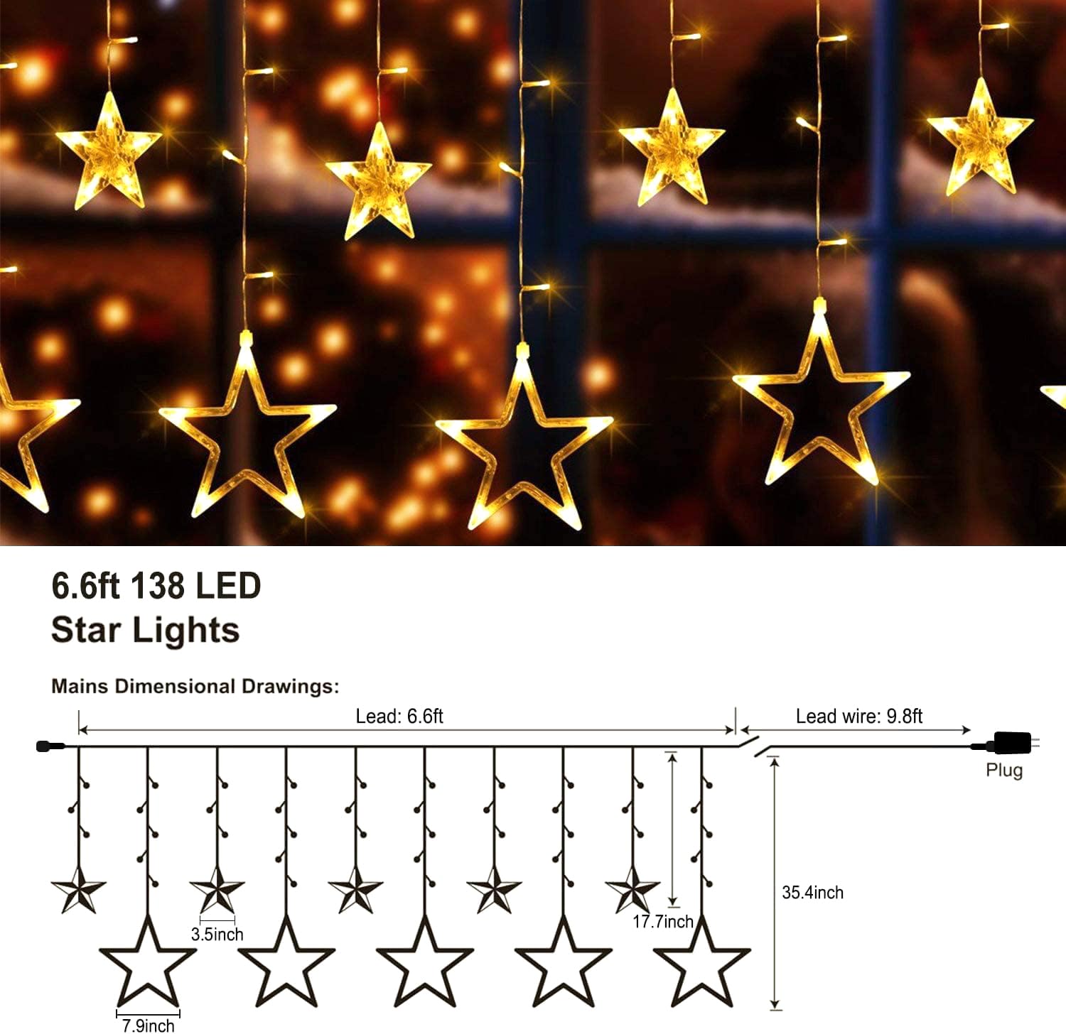 Quntis 138 LED 12-Star Connectable 6.5ft Curtain Xmas Lights – 8 Flashing Modes, Warm White Holiday Decor for Christmas & Festive Lighting