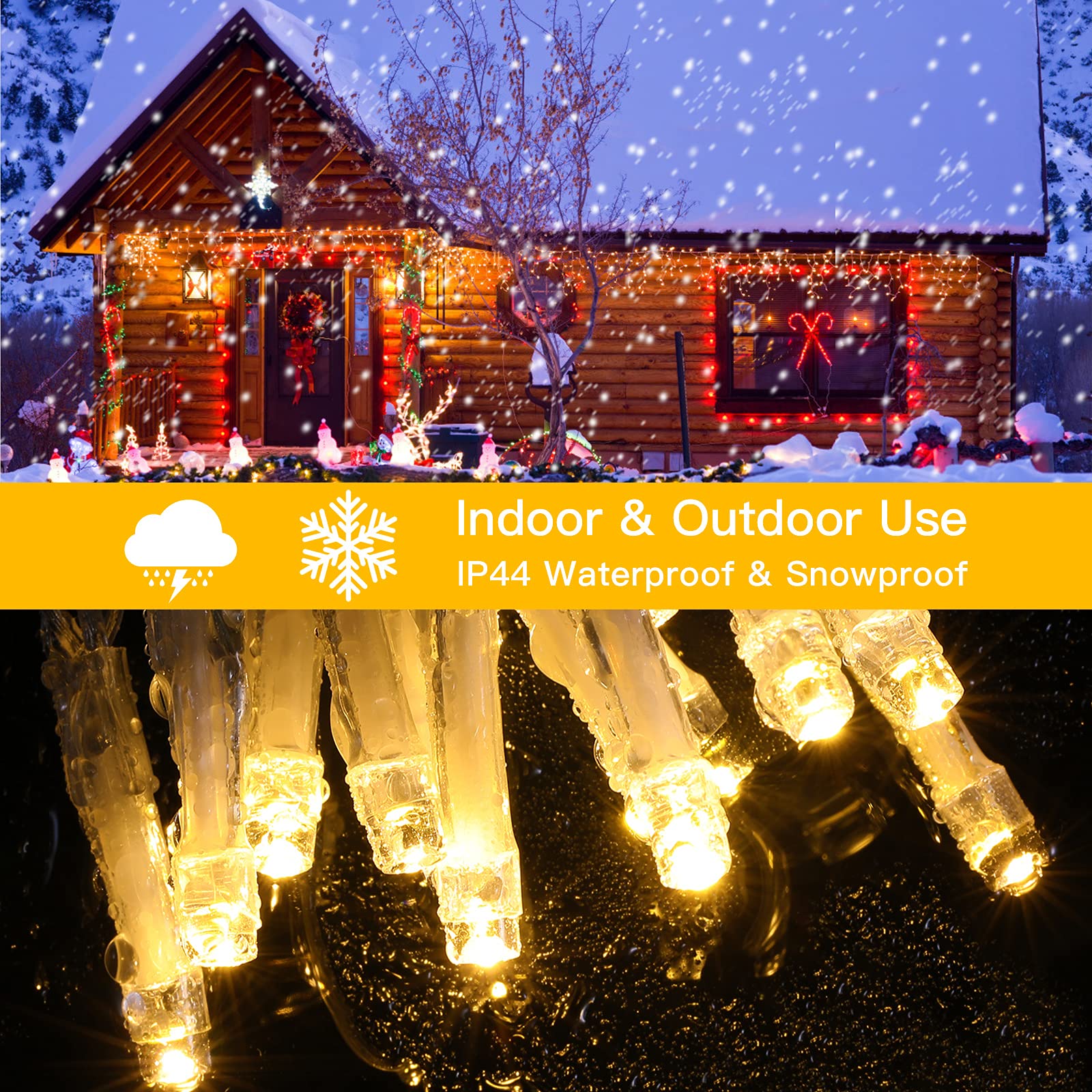 Quntis 400 LED 32FT Rideaux Lumineux – 80 Gouttes de Glace & Boule en Cristal, 2 Modes pour Décorations de Fête & de Noël