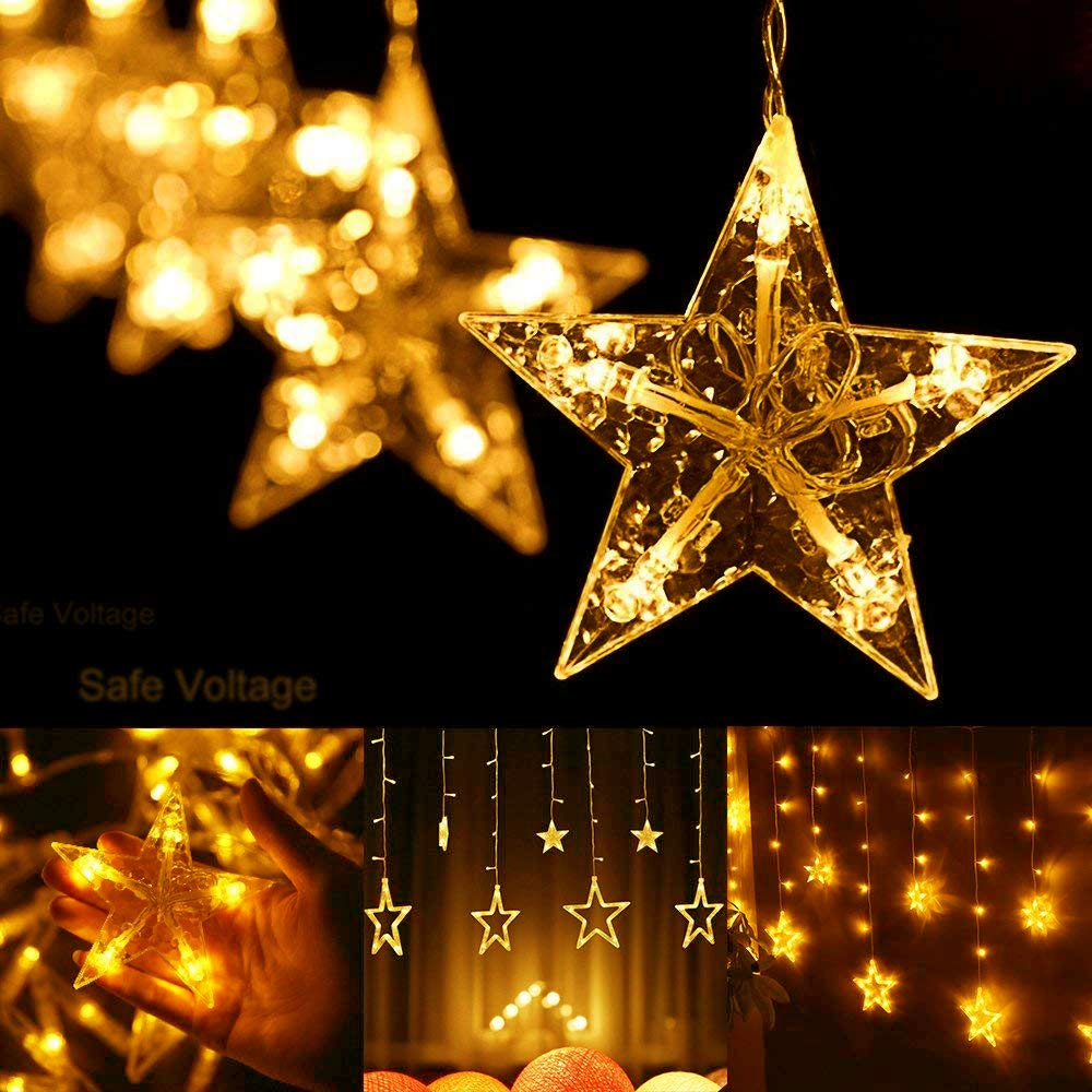 Quntis 138 LED 12-Estrella Conectable 6.5ft Cortina Luces de Navidad – 8 Modos Intermitentes, Decoración de Vacaciones en Blanco Cálido para Navidad y Iluminación Festiva