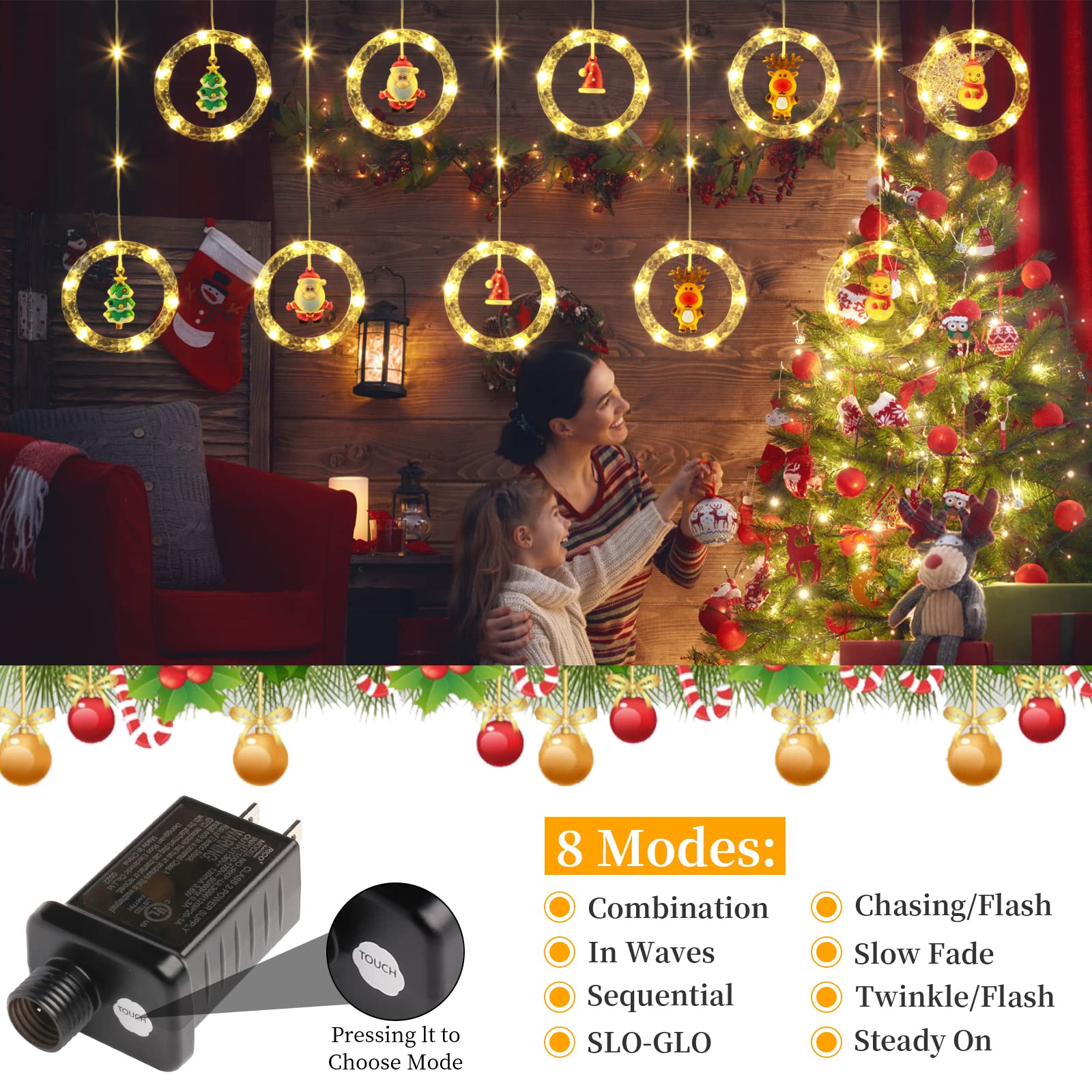 Quntis Weihnachts-LED-Vorhanglichter – 100 LEDs, 9,8FT x 2,3FT Weihnachtsfensterlichter mit 8 Modi für Feiertags- und Weihnachtsdekoration