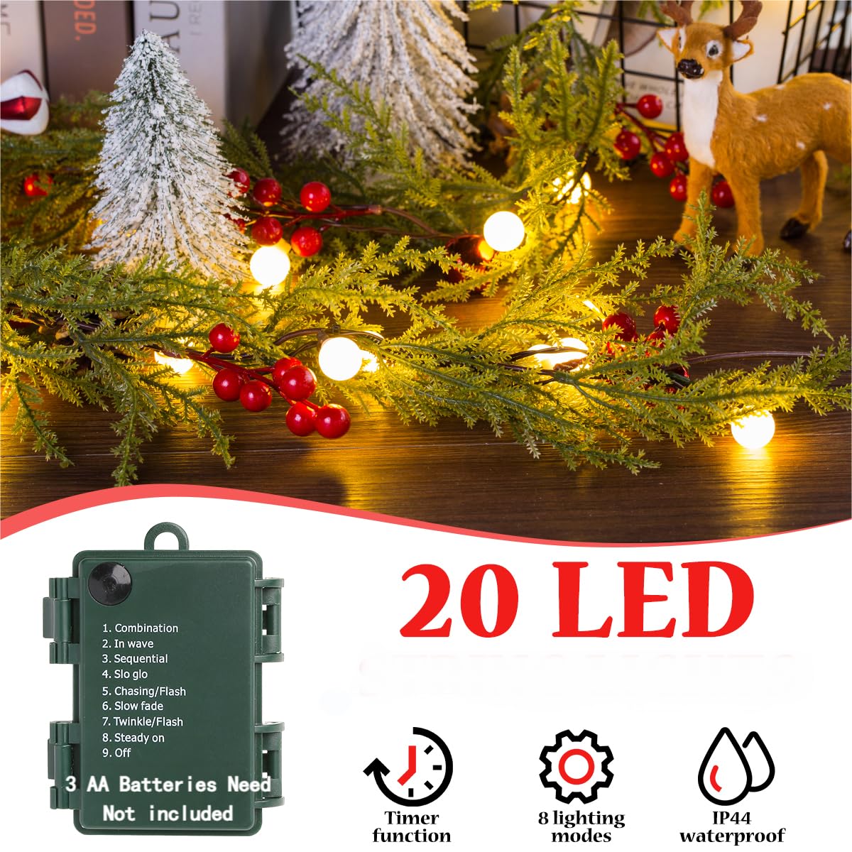2パック クリスマス ガーランド ライト付き、5.7フィート 20 LED 人工赤ベリー ガーランド クリスマス装飾 パインコーン ベル
