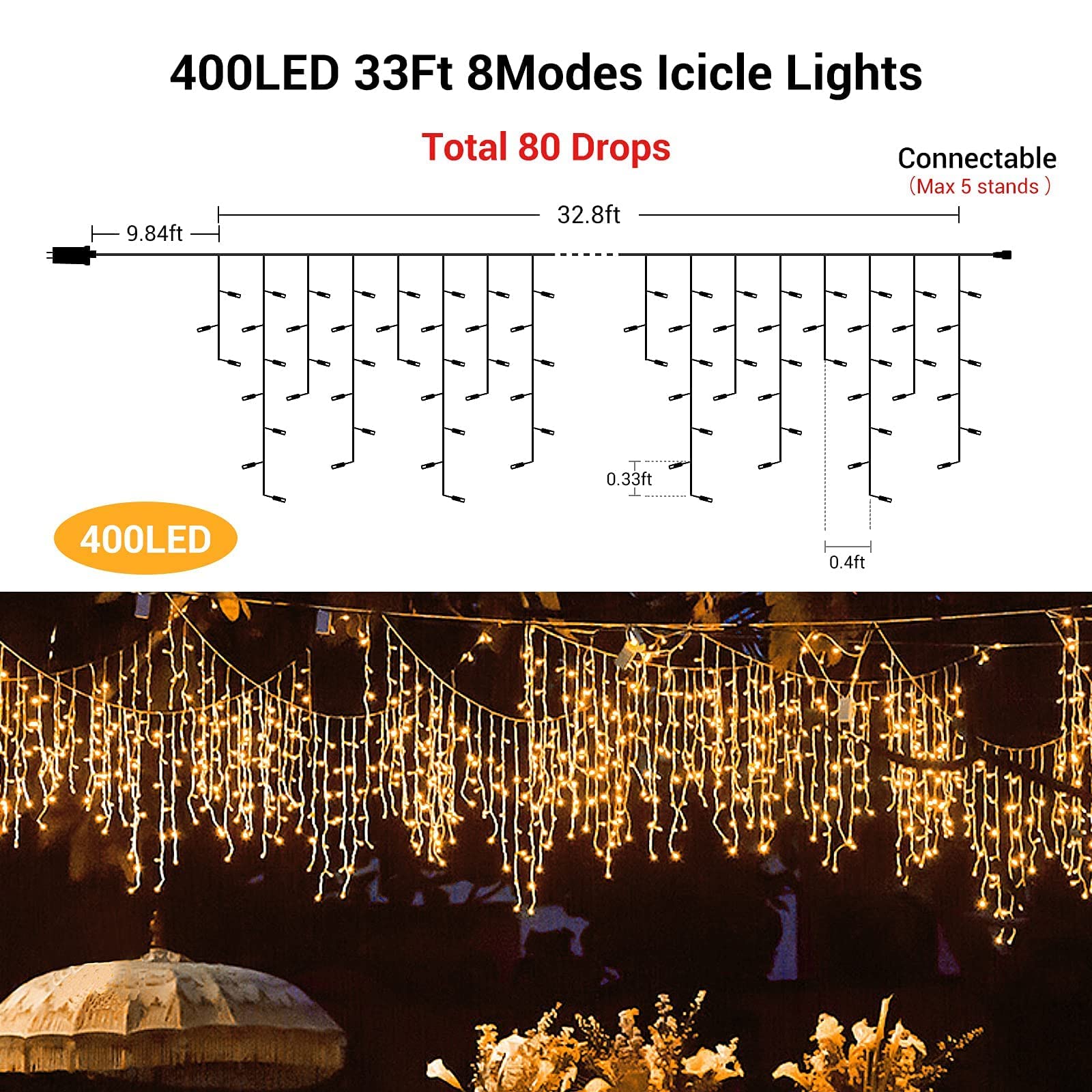 Quntis Luzes de Cortina LED 400 32FT – 80 Gotas de Estalactite & Bola de Cristal, 2 Modos para Decoração de Férias & Natal