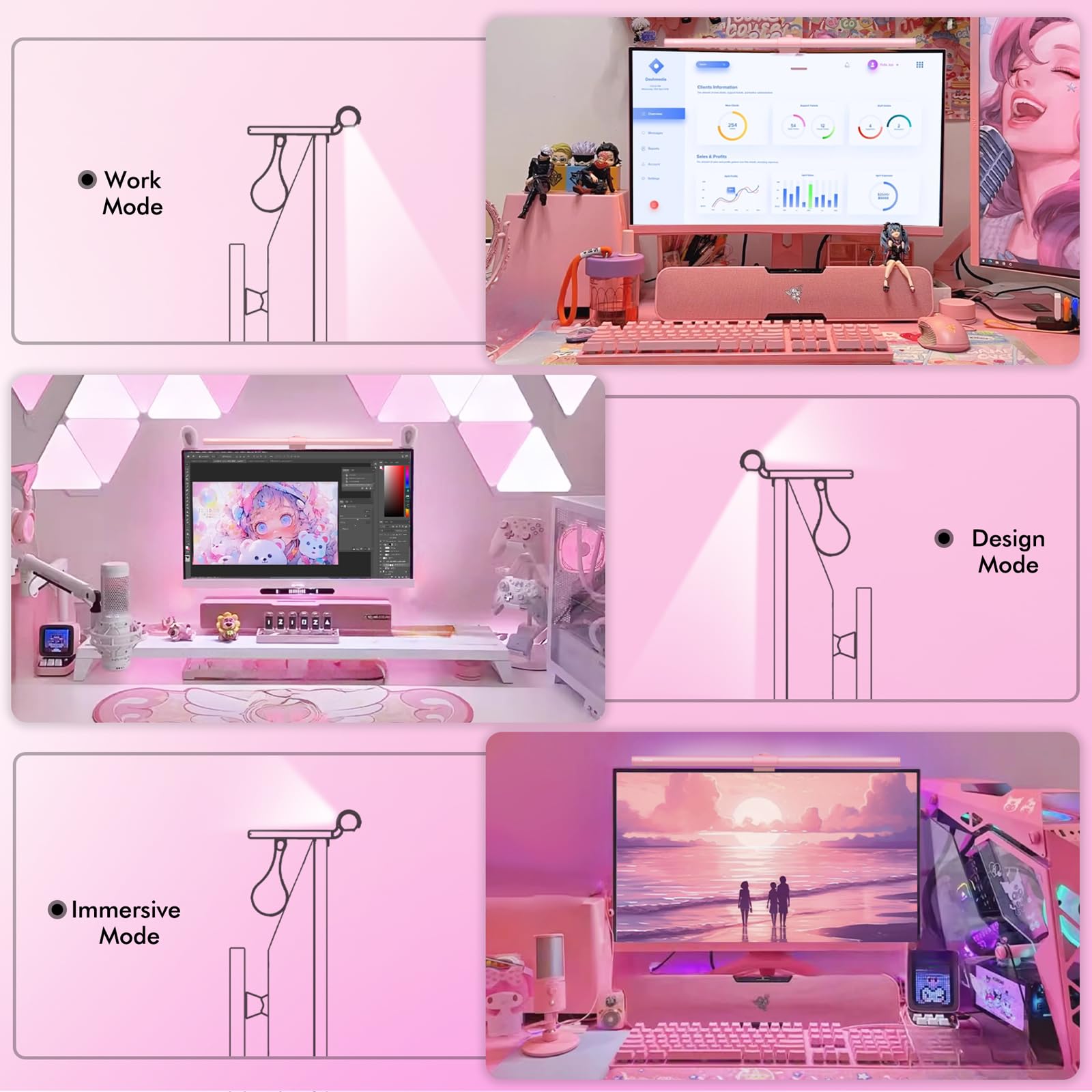 Quntis Pink Monitor Lichtleiste mit Fernbedienung, augenfreundlich ohne Blendung, platzsparende Schreibtischlampe als Geschenk für Mädchen, stufenlos dimmbar, moderne ästhetische Schreibtischlichtleiste für Home Office Gaming Lesen (15,7 Zoll)