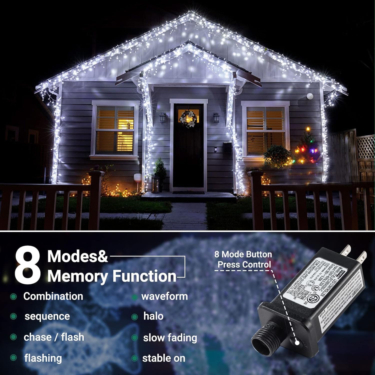 Quntis Christmas Cluster Tree Lights – White, 8 Modes Plug-In, 2 Sizes for Holiday & Xmas Decor