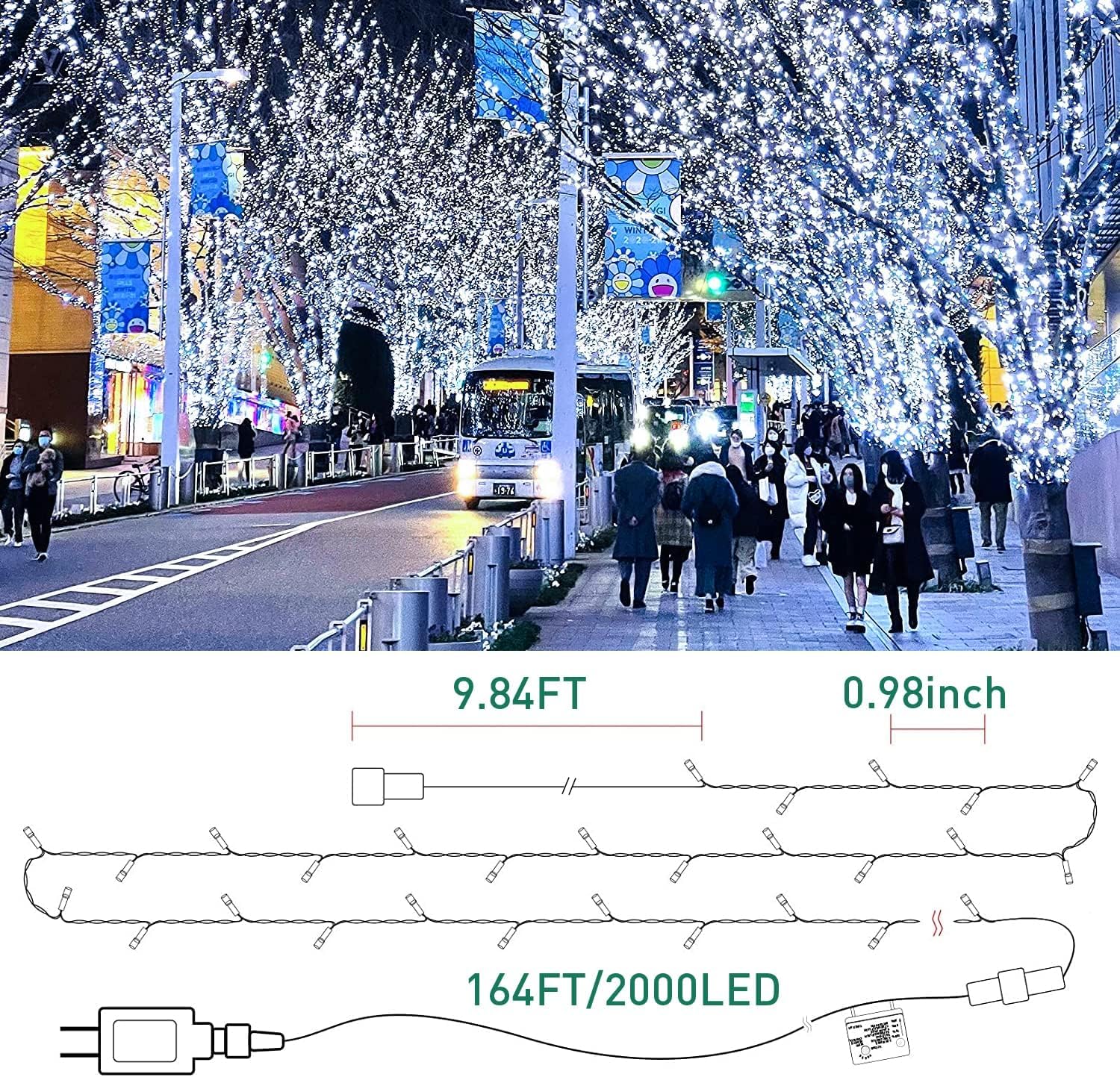 Quntis Christmas Cluster Tree Lights – White, 8 Modes Plug-In, 2 Sizes for Holiday & Xmas Decor