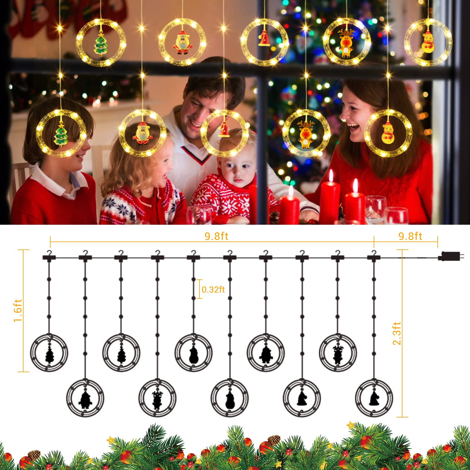 Quntis Christmas LED Curtain Lights, 100 LEDs, 9.8FT x 2.3FT, Christmas Window Lights, 8 Modes, Holiday Decor, Xmas Decorations, Indoor and Outdoor Christmas Lighting